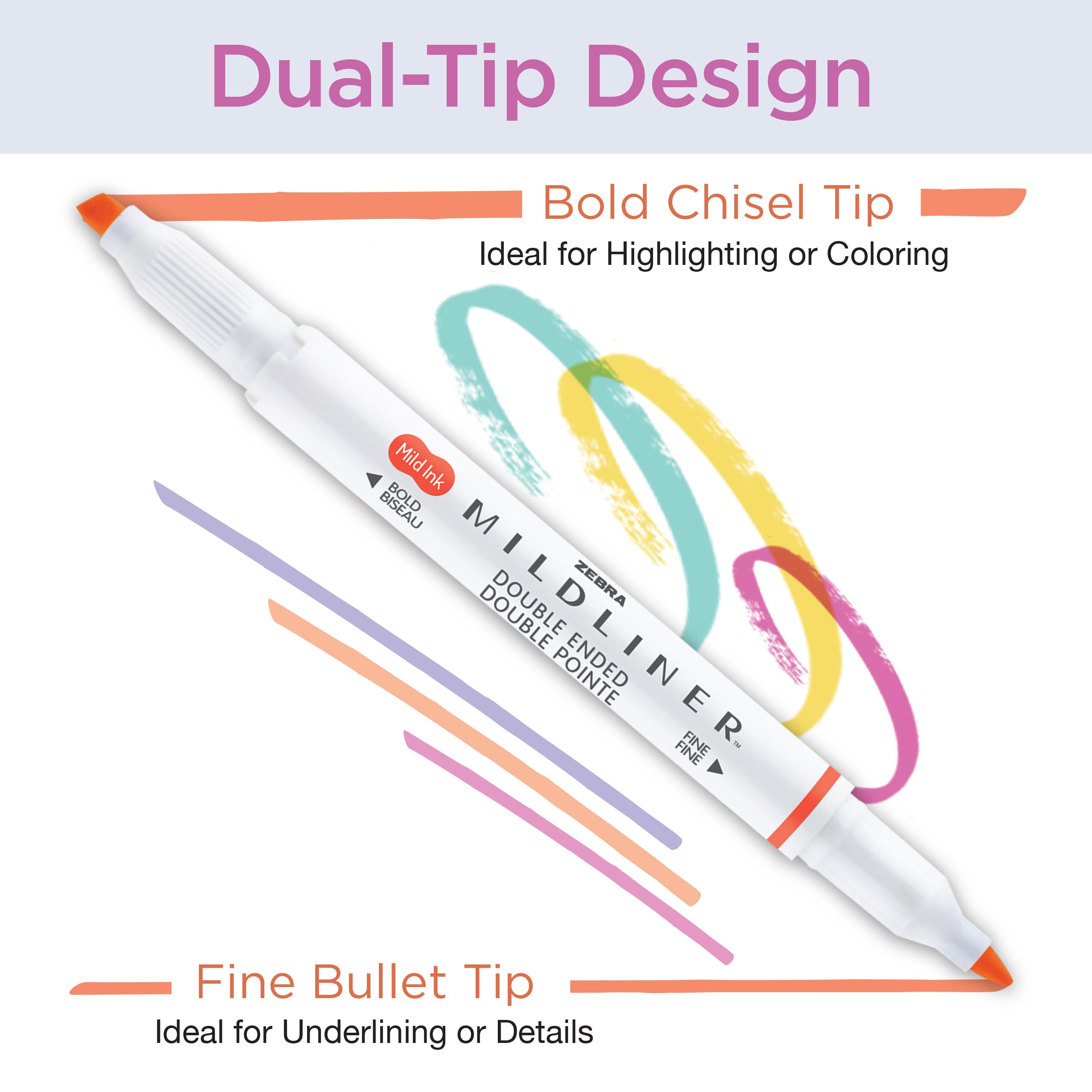 Zebra Pen MILDLINER Dual-Tip Highlighter Marker Set, Broad and Fine Point Tips, No Bleed, Ideal for Bible Highlighting, Journaling, School and Office Supplies, Assorted Ink Colours, 15-Pack (78115)