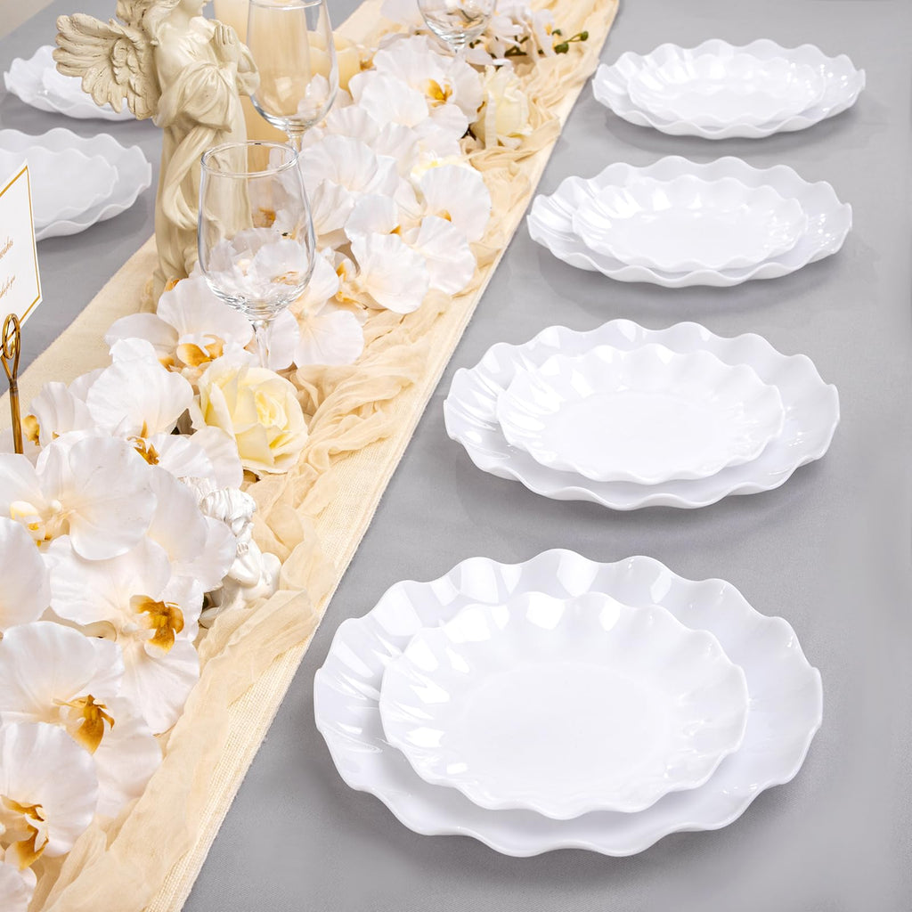 LIYH 24pcs White Plastic Plates Reusable, Unbreakable Dinner & Salad Plates, Microwave & Dishwasher Safe, Perfect for Parties, Birthday, Picnics, BPA Free (12 Guests)