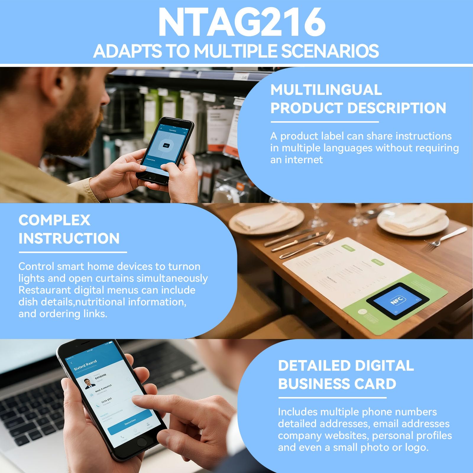 100 Pcs NFC Tags NTAG216 NFC Stickers, Ntag216, with Adhesive Back,888 Bytes Memory, Rewritable & Programmable RFID NFC Stickers Compatible with NFC Enabled Smartphones and Devices
