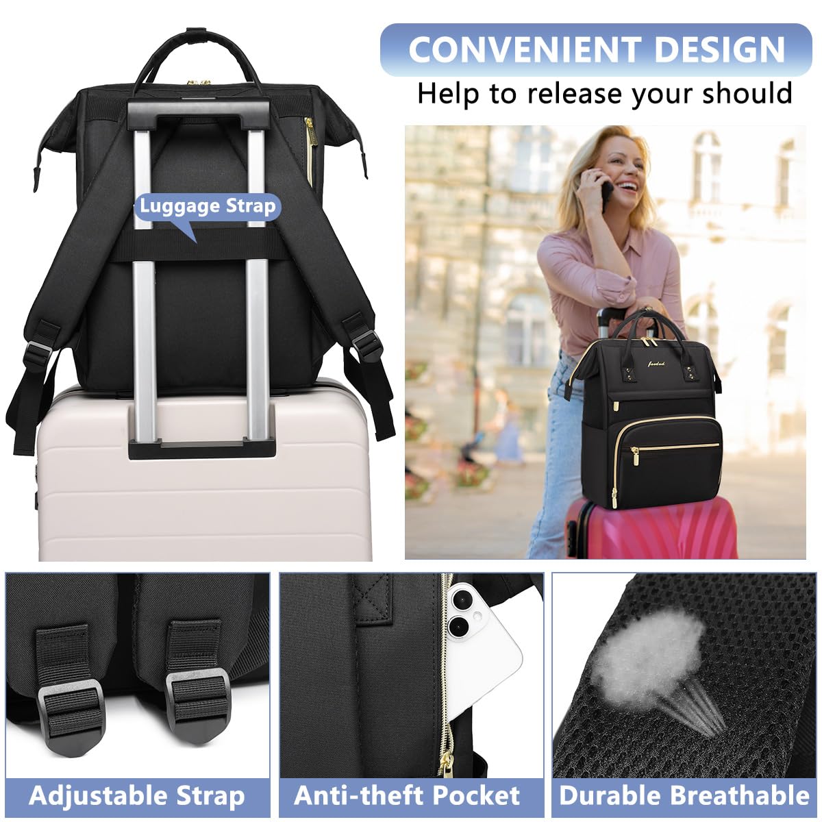 Women Laptop Backpack Work Bag - Fits 15.6 inch with Laptop Compartment Waterproof Professional Fashion Travel Purse for College Nurse Business Computer Backpack Black