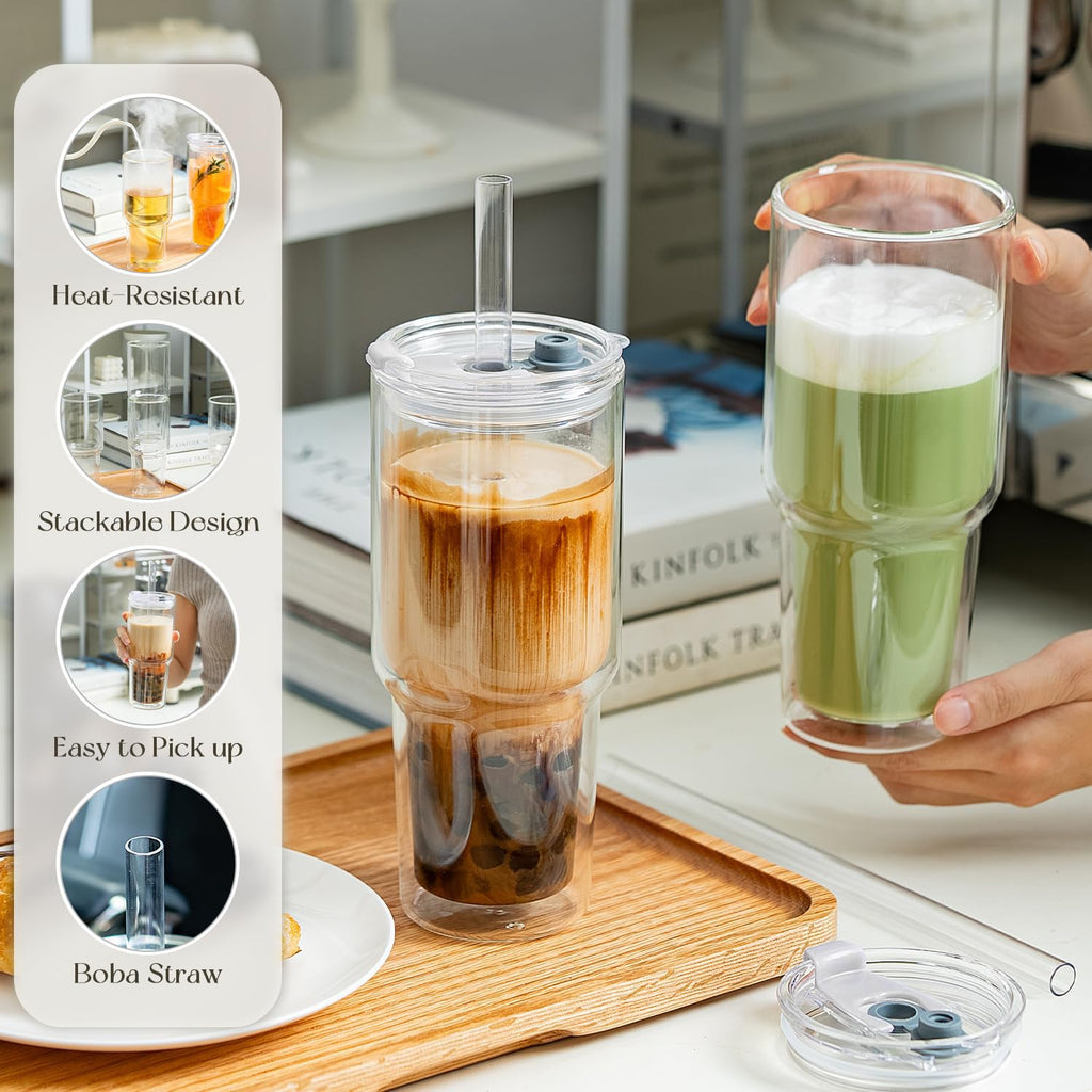 KEMORELA 28oz Clear Double Wall Glass Tumblers Set of 2, Extra-Wide 13mm Reusable Drinking Straws, Boba Tumbler, Wide-Mouth Water Cups for Iced Coffee, Smoothies, Boba & Tea Lovers