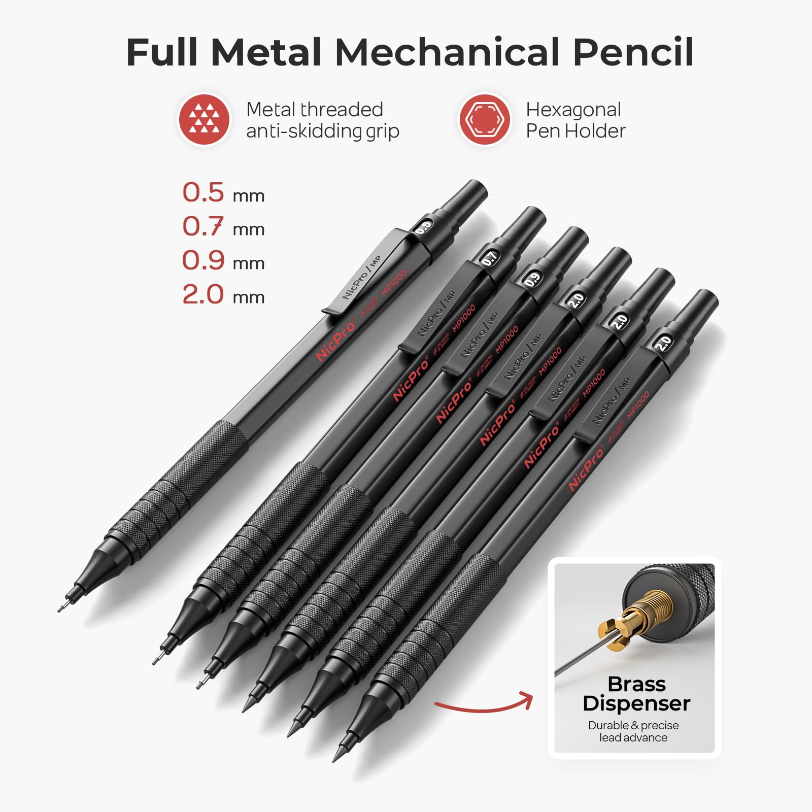 Nicpro 30PCS Black Metal Mechanical Pencils Set in Leather Case, Art Drafting Pencil 0.5, 0.7, 0.9 mm, 2mm Lead Pencil Holders for Sketching Drawing With 16 Tube (6B 4B 2B HB 2H 4H Colors)Lead Refills