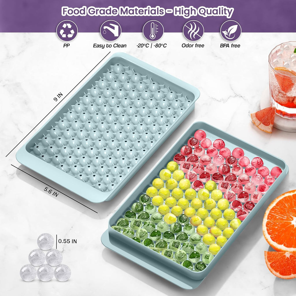 Oillase Mini Ice Cube Trays, Small Tiny Round Pebble Crushed Nugget Ice Trays for Freezer with Lid - Chilling Drinks Coffee Juice(4 Pack/0.55In - Blue)