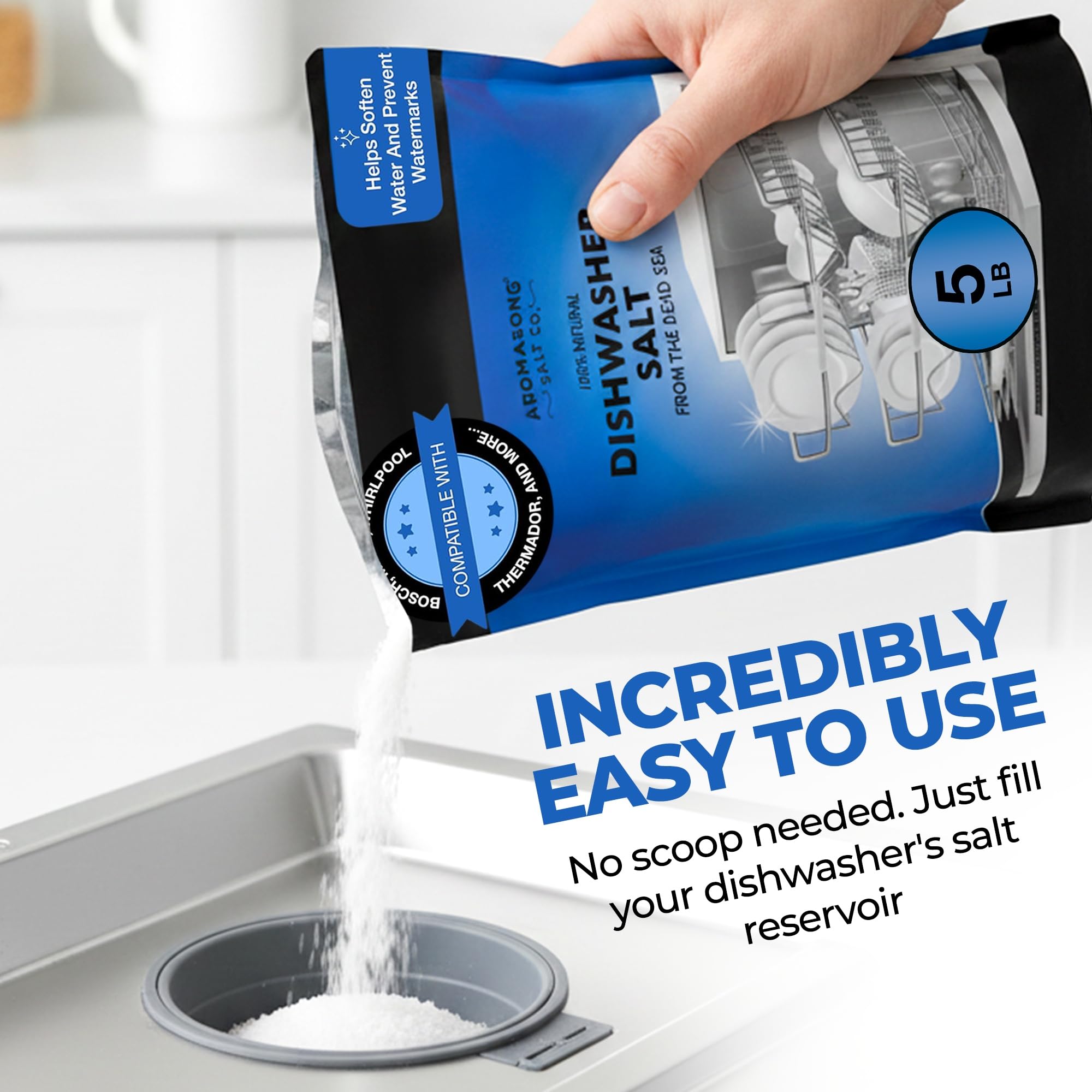 Aromasong Dishwasher Salt 5 LB - 100% Natural Water Softening Agent for Cleaner Dishes & Washer Reactivation - Compatible with Bosch, Miele, Whirlpool, Thermador, and more.