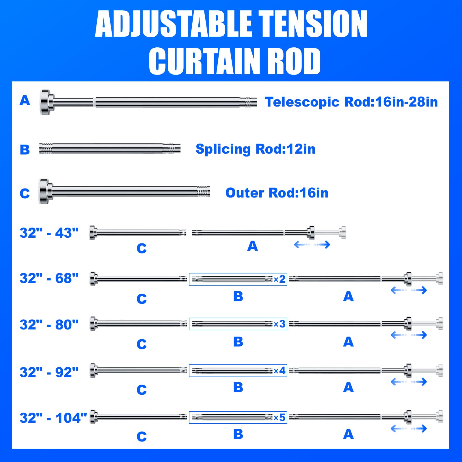Ausemku Shower Curtain Rod Tension - 32-80 Inch Never Rust Non-Slip Spring Tension Curtain Rod No Drilling Stainless Steel Curtain Rod Use Bathroom Kitchen（Silver）