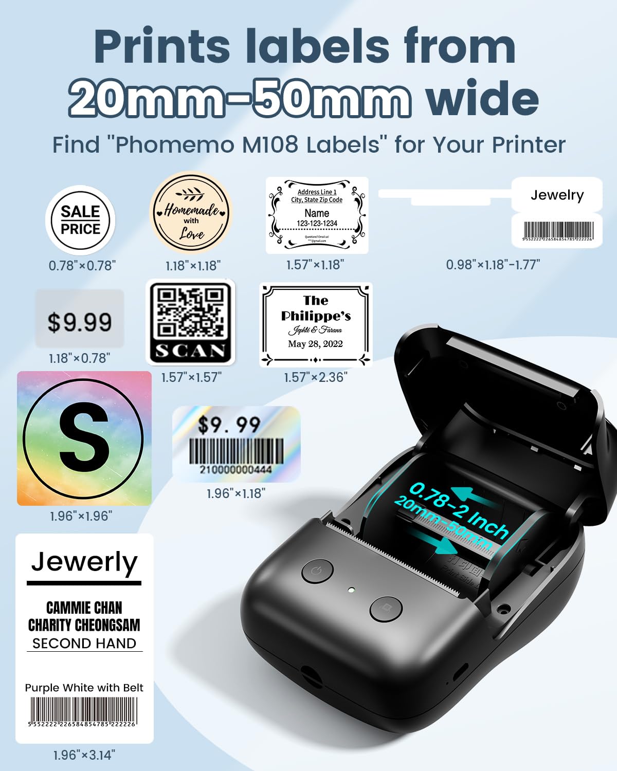 Phomemo Label Maker- M108 Bluetooth Sticker Printer, 2 Inch Barcode Label Makers with 300+ Templates and 1000+ Icons, Address Label Printer for Small Business, Home, Logo, Black
