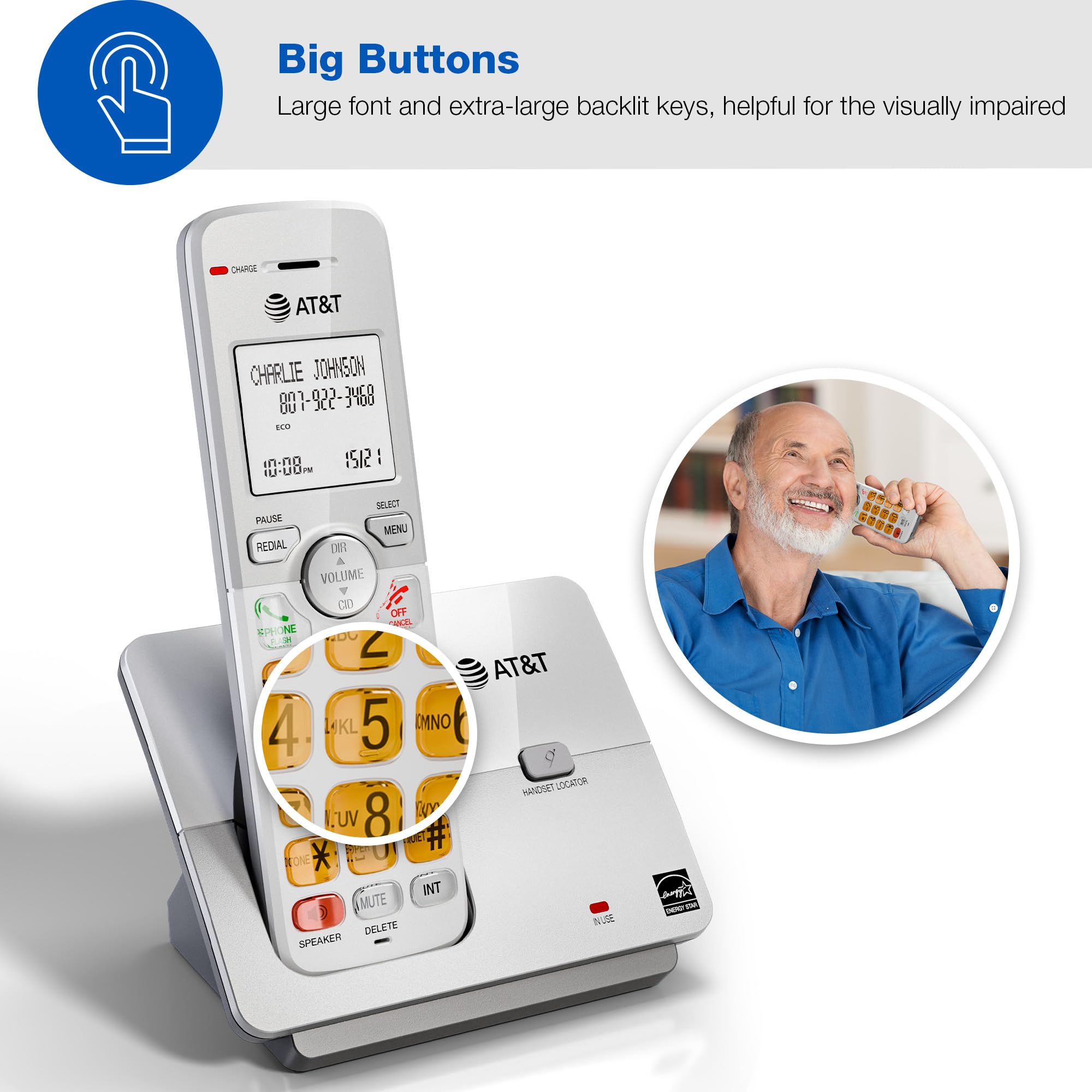 AT&T 1-Handset DECT 6.0 Cordless Home Phone with LCD Display, Lighted Keypad, Caller ID/Call Waiting, Simulated Full-Duplex Handset Speakerphone, Eco Mode, Voicemail Key, Quiet Mode, Intercom, EL51103