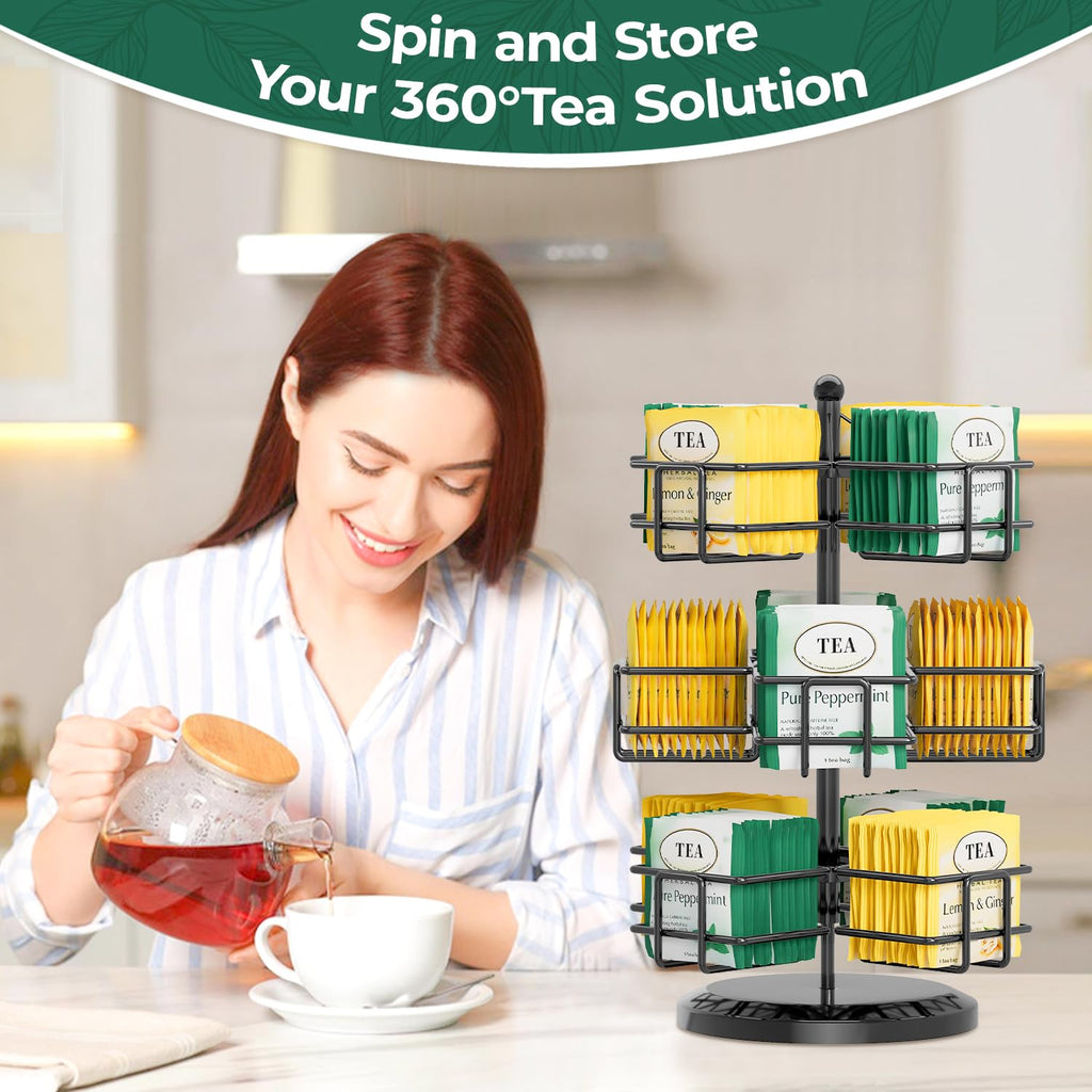 EsLuker.ly Tea Bag Holder Organizer for Counter 3 Tier Metal Teabag Storage Rack, Spinning Carousel Packet Display Stand, Tea Organizer Station with Easy Access for Kitchen Office, Black