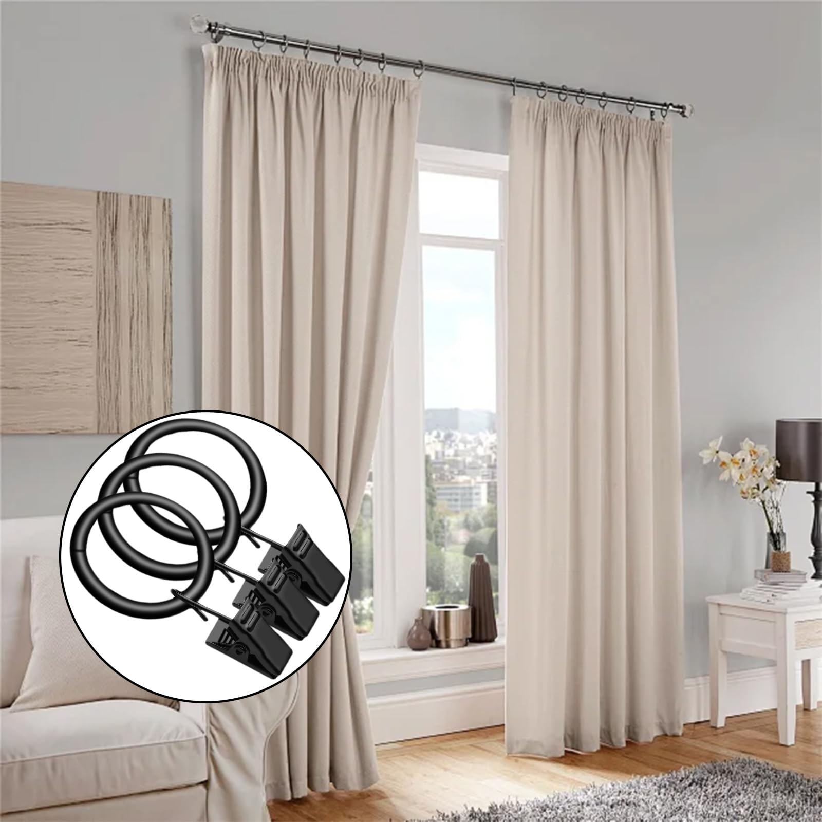 50 Pcs Curtain Hooks, 1.5 inch Black Curtain Rings, 4mm Thicken Rustproof Curtain Rings with Clips, Metal Curtain Clips for Hanging Drapery Drapes Bows