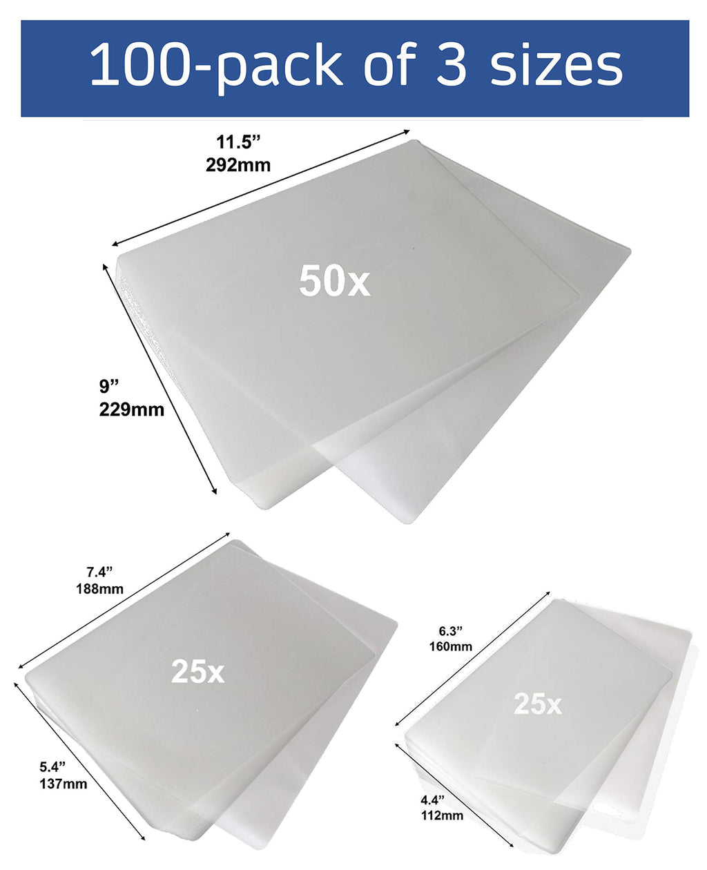 Jasel 100-pack Thermal Laminating Pouches, 5 Mil Thickness, Clear, Variety of Sizes for Letter, Photo & More