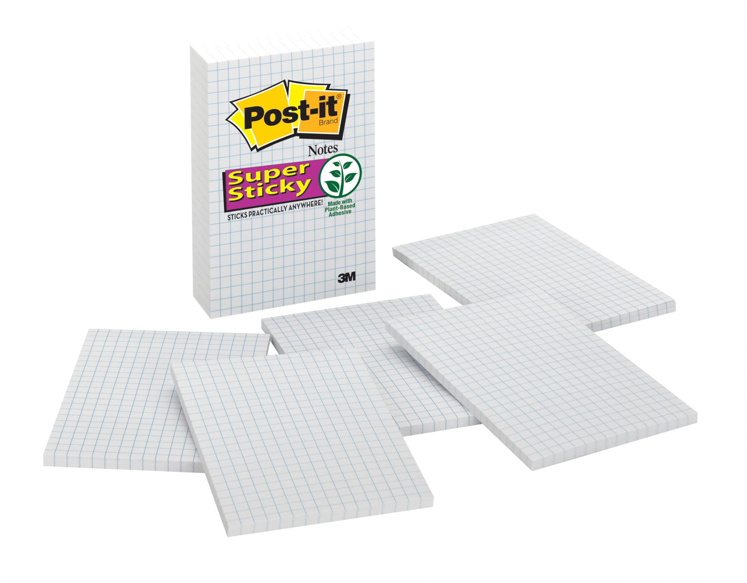 Post-it Super Sticky Notes, 4 in x 6 in, White with Blue Grid, 6 Pads/Pack, 50 Sheets/Pad (660-SSGRID)