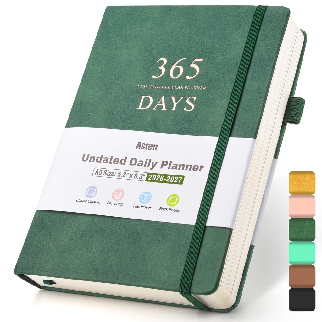 Planner, Undated Daily Planner with To Do List, 365 Days Planner for ADHD Adult, Agenda for Women Men, Hourly Planner Notebook for Goal Setting, Productivity Planner with Calendar, 8.3" x 5.8" (Green)