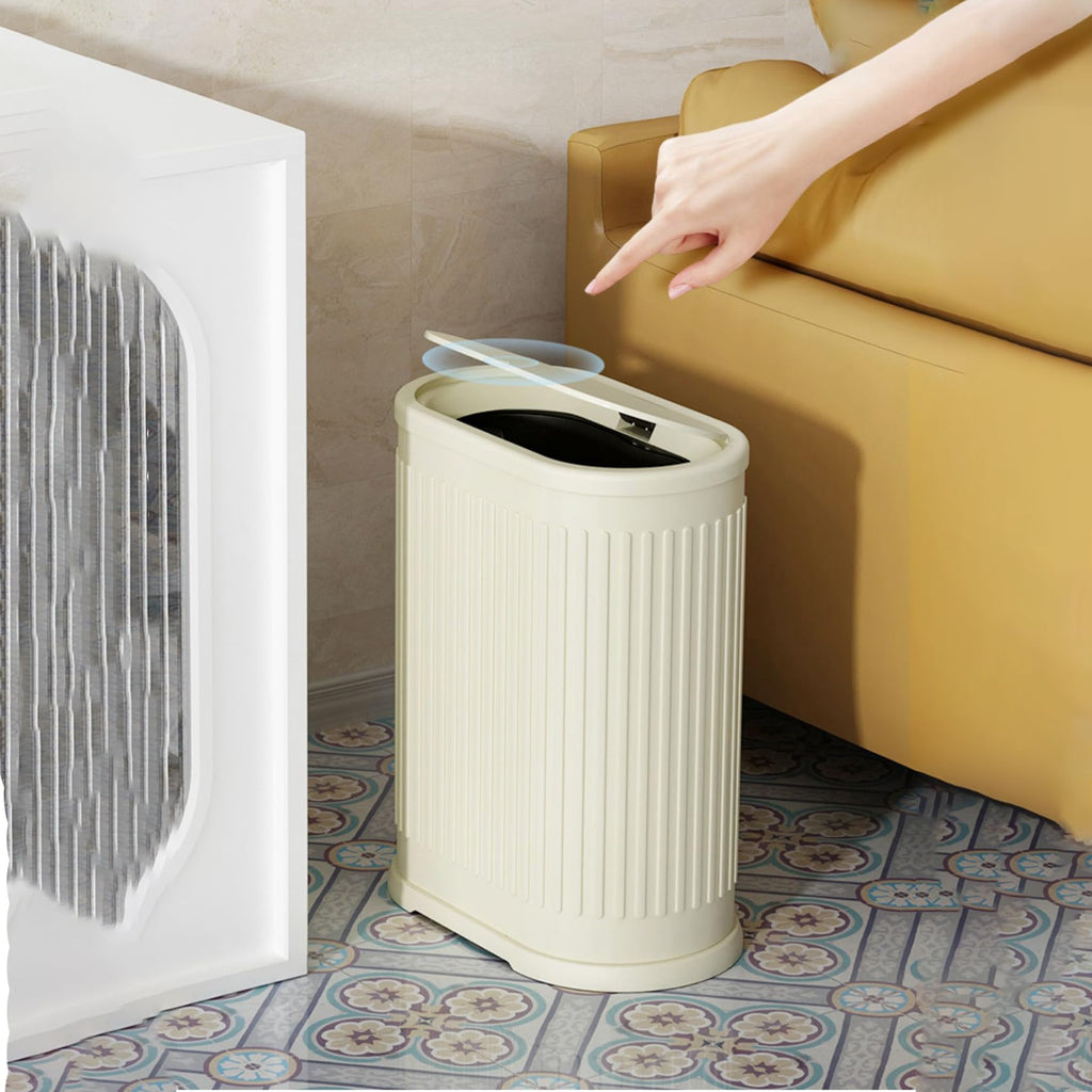 6 Liter Trash Can with Lid, Small Bathroom Trash Can Wastebasket, Slim Garbage Can with Inner Bucket, Press Top Lid Garbage Container Bin for Kitchen, Home, Office, Bedroom, Living Room (Cream Color)