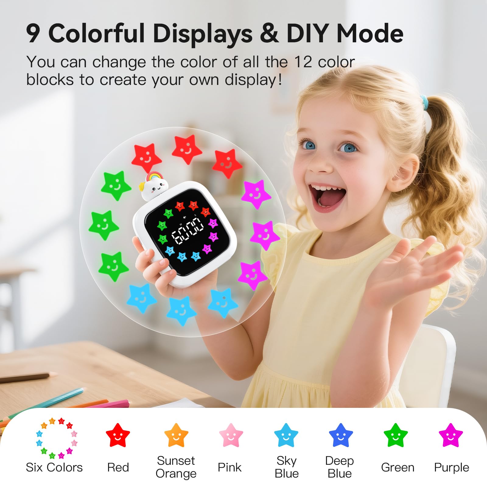 Yunbaoit Digital Visual Timer for Kids, Rechargeable 99-Minute Silent Countdown Timer with 19 Ringtones, 9 Optional DIY Color Star Display, Time Management Tool with Pause Function (Rainbow)