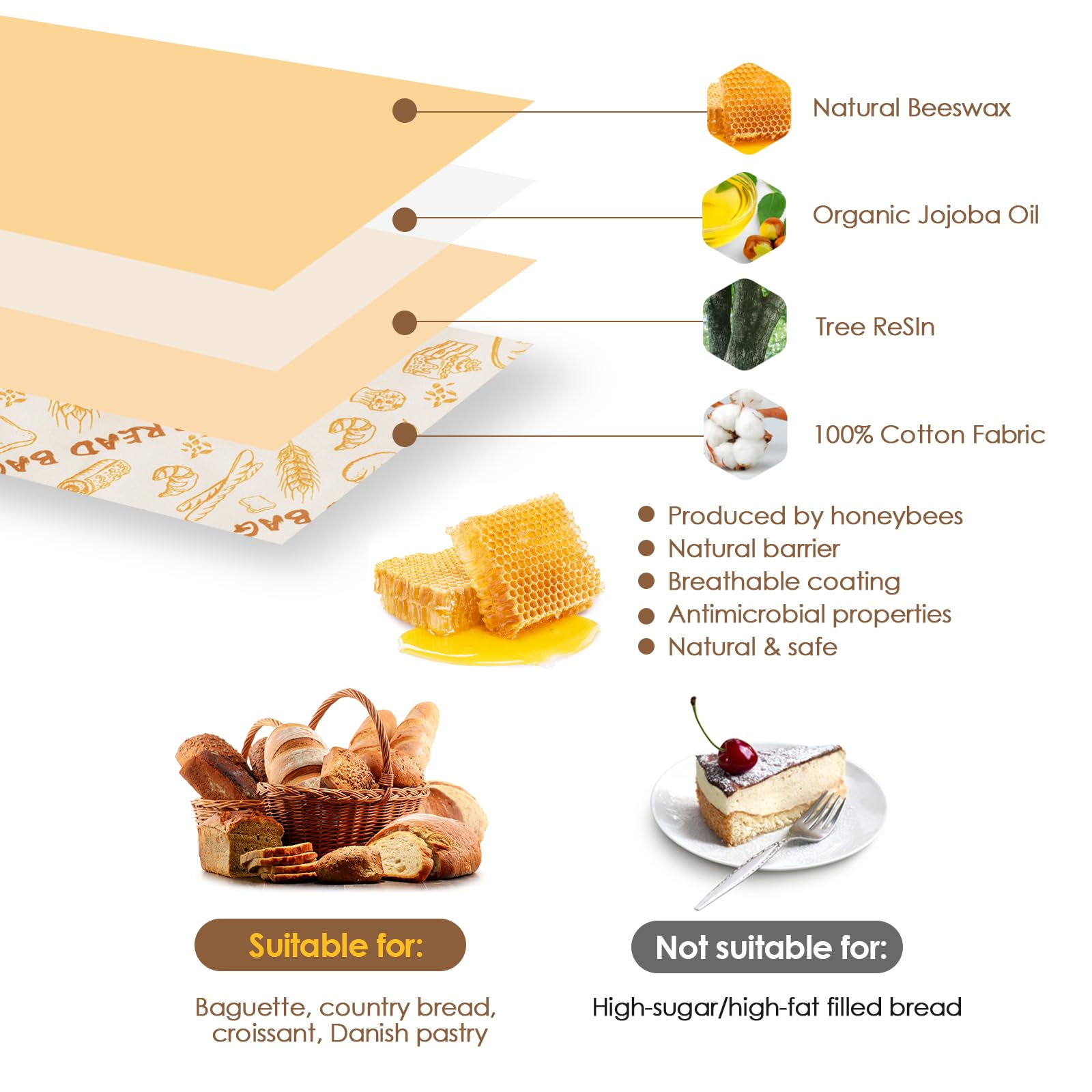 3-Pack Reusable Beeswax Bread Bags - Large 17x13 Inch for Sourdough & Homemade Bread Storage | All-Natural Beeswax Preservation, Eco-Friendly Cotton Food Bags - Easy to Clean & Daily Use