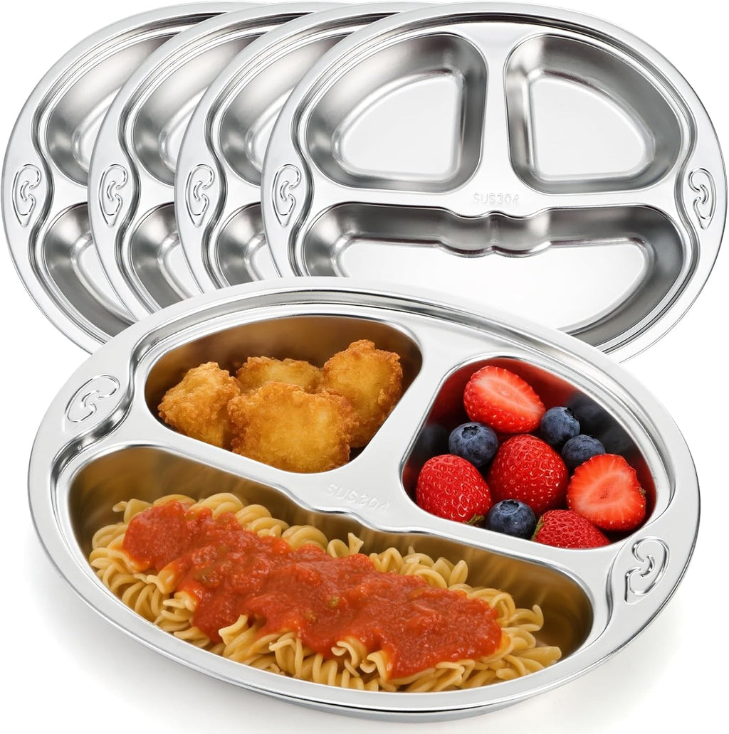 SOUJOY 4 Pack Stainless Steel Divided Plate, 3 Sections Diet Control Dinner Plate, Unbreakable Monkey Shape Compact Food Serving Tray for Kids, Picky Eaters, Campers