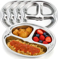 SOUJOY 4 Pack Stainless Steel Divided Plate, 3 Sections Diet Control Dinner Plate, Unbreakable Monkey Shape Compact Food Serving Tray for Kids, Picky Eaters, Campers