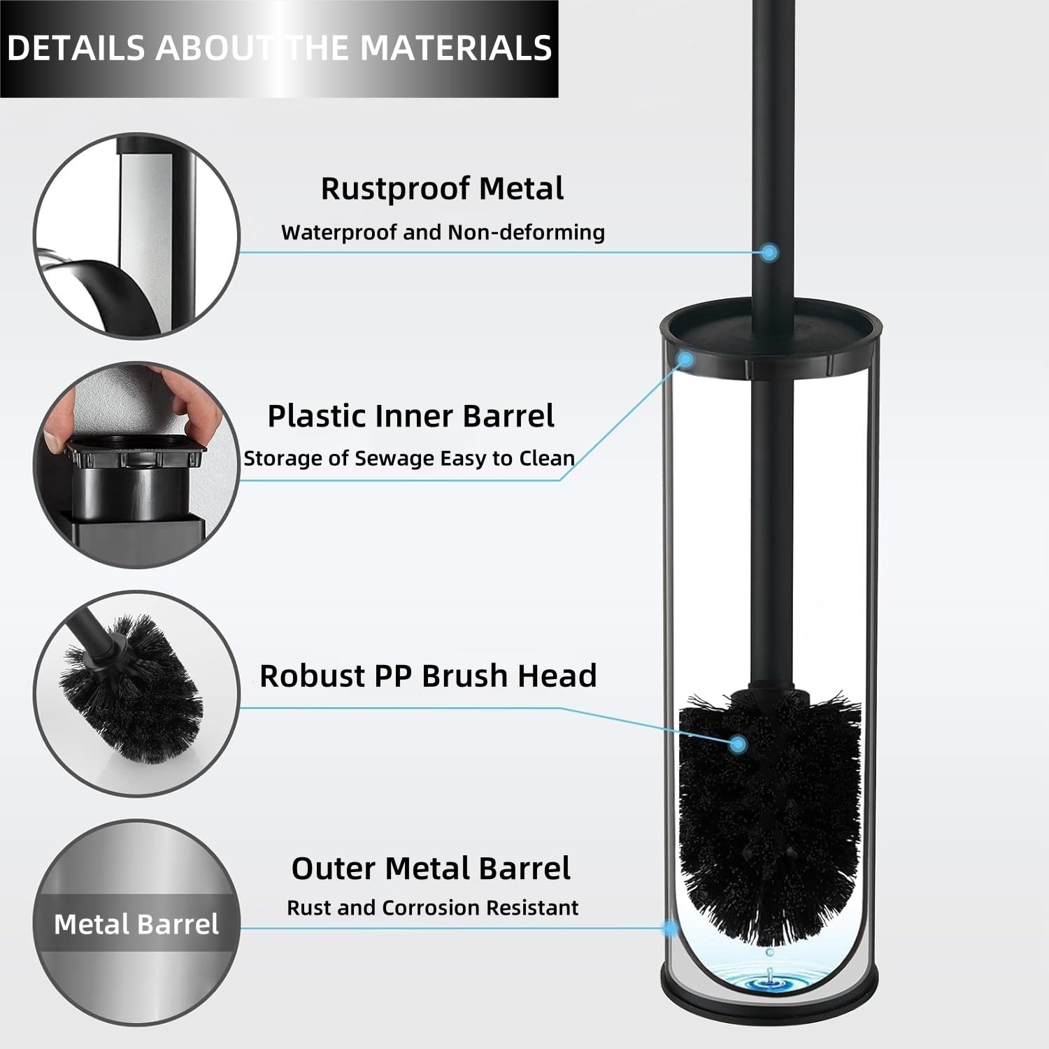Standing Toilet Brush,Toilet Bowl Brush Holder Set,Bathroom Deep Cleaning Toilet Scrubber Rim Cleaner,304 Stainless Steel Toilet Clean Decorative Accessories for Toilet Cleaning (Matt Black) ﻿