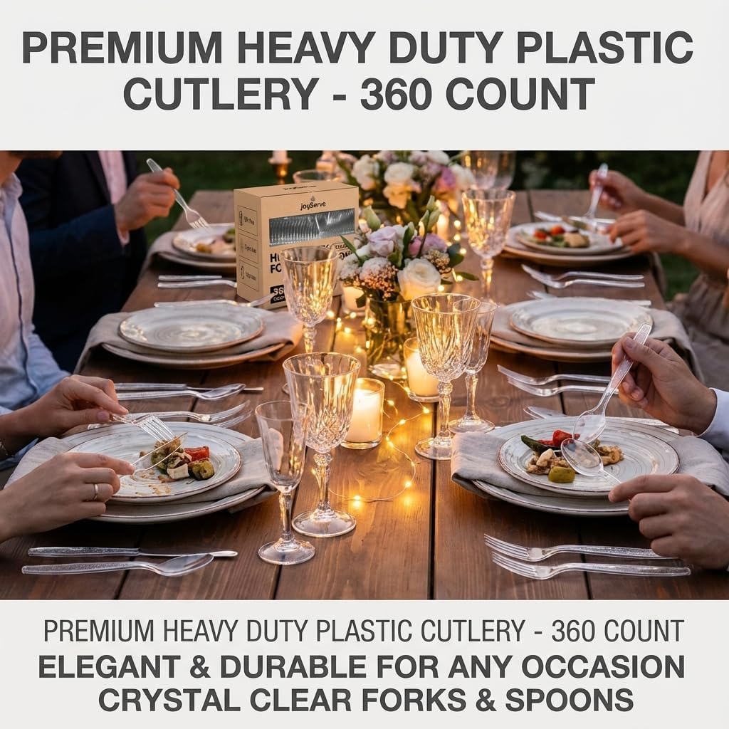 Plastic Forks and Spoons Set - (Bulk Pack 360 Pcs) Clear Plastic Cutlery Utensils Heavy Duty, 180 Forks and 180 Spoons, Silverware Sets for Party Supplies, Dinners, Take-Out, Catering, Food Services