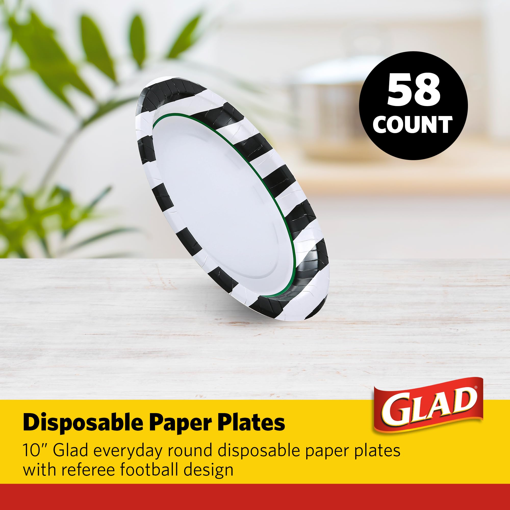 Glad Everyday Round Disposable Paper Plates with Referee Football Design | Cut-Resistant, Microwavable Paper Plates for All Foods & Daily Use | 10 Inches, 58 Count