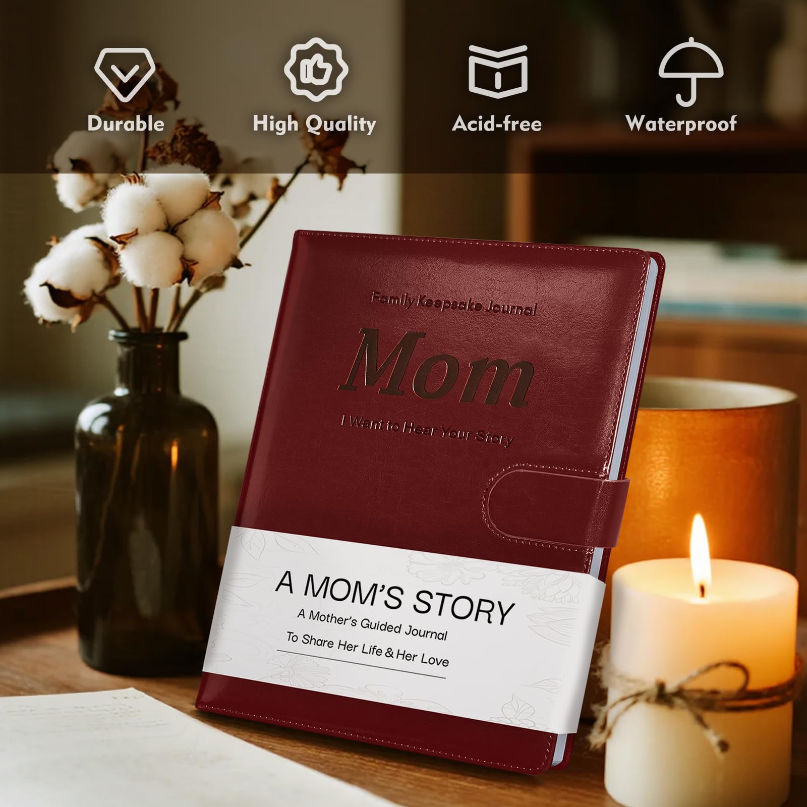 Artmag Mom's Life Story Journal with 250+ Prompt Questions, Family Keepsake Book Leather Cover for Mom to Share Her Memories for Birthday Mother's Day Christmas (Red)