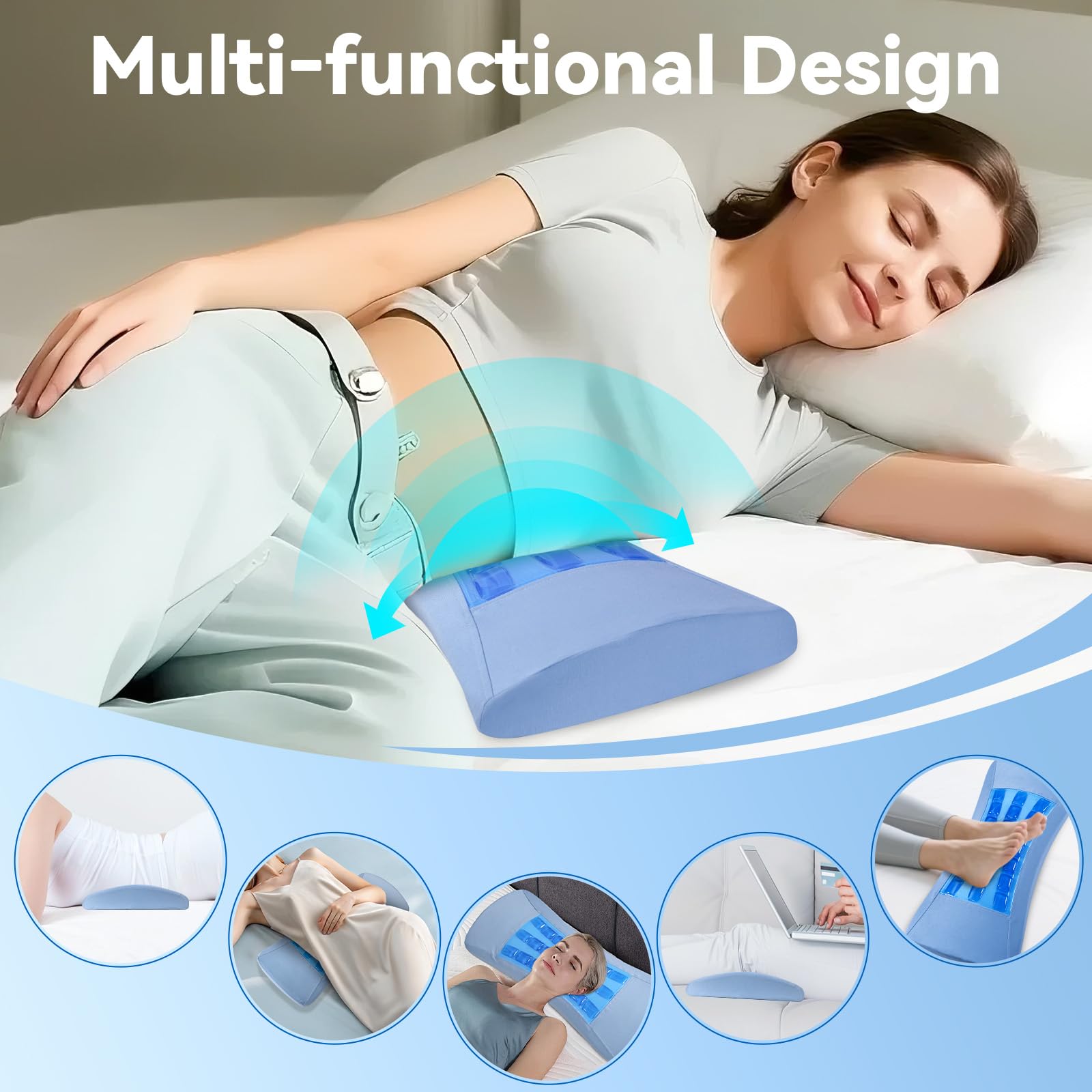 Lumbar Support Pillow for Bed, Memory Foam Lower Back Pillow with Cooling Gel, Ergonomic Back Support for Side & Back Sleepers, Removable Breathable Cover for Bed, Sofa & Car
