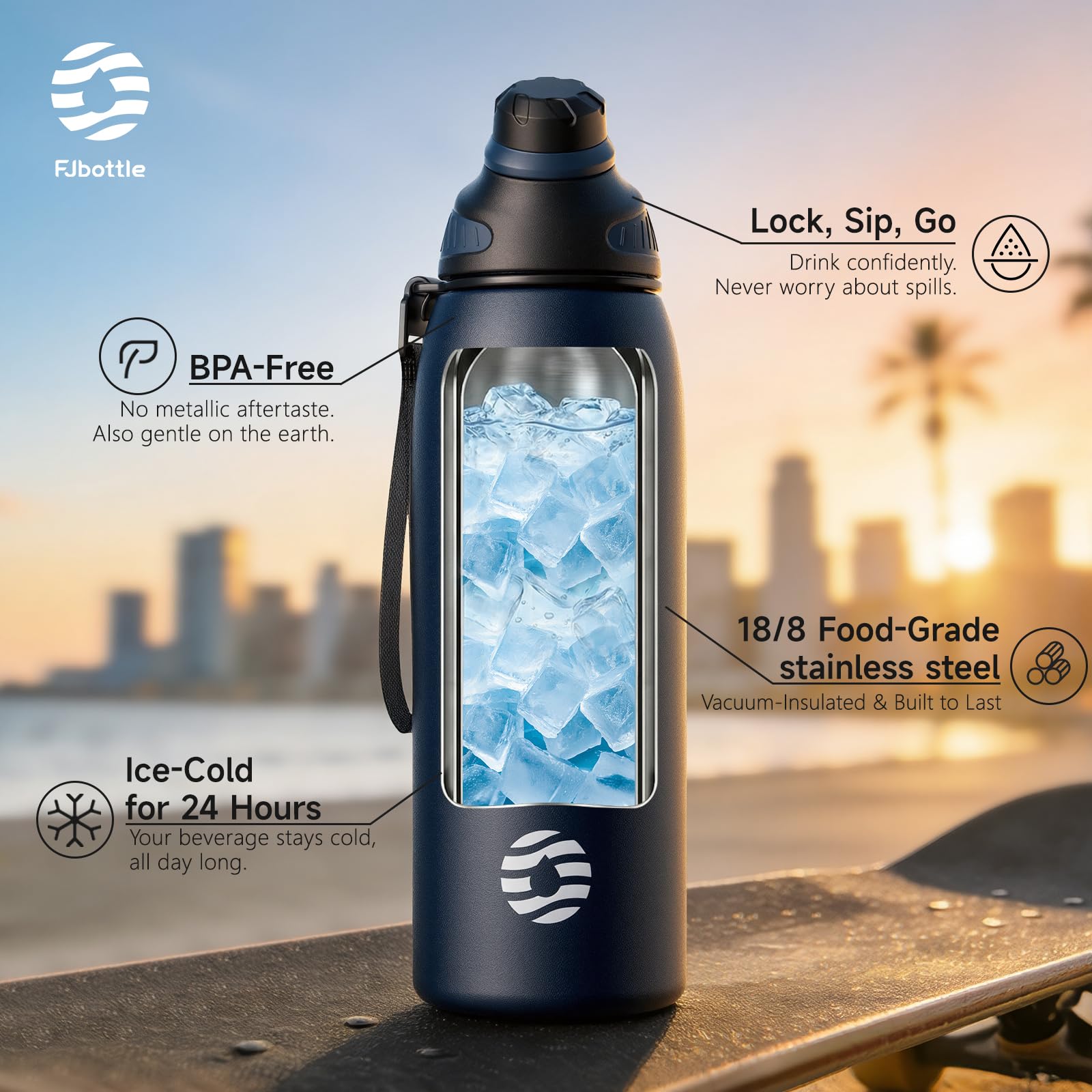 Fjbottle Insulated Stainless Steel Water Bottle, 600ml Leakproof Water Bottles, Ice Reusable Tumbler, Double Wall Vacuum Jug, Lightweight Durable for Traveling & Sports, Workout