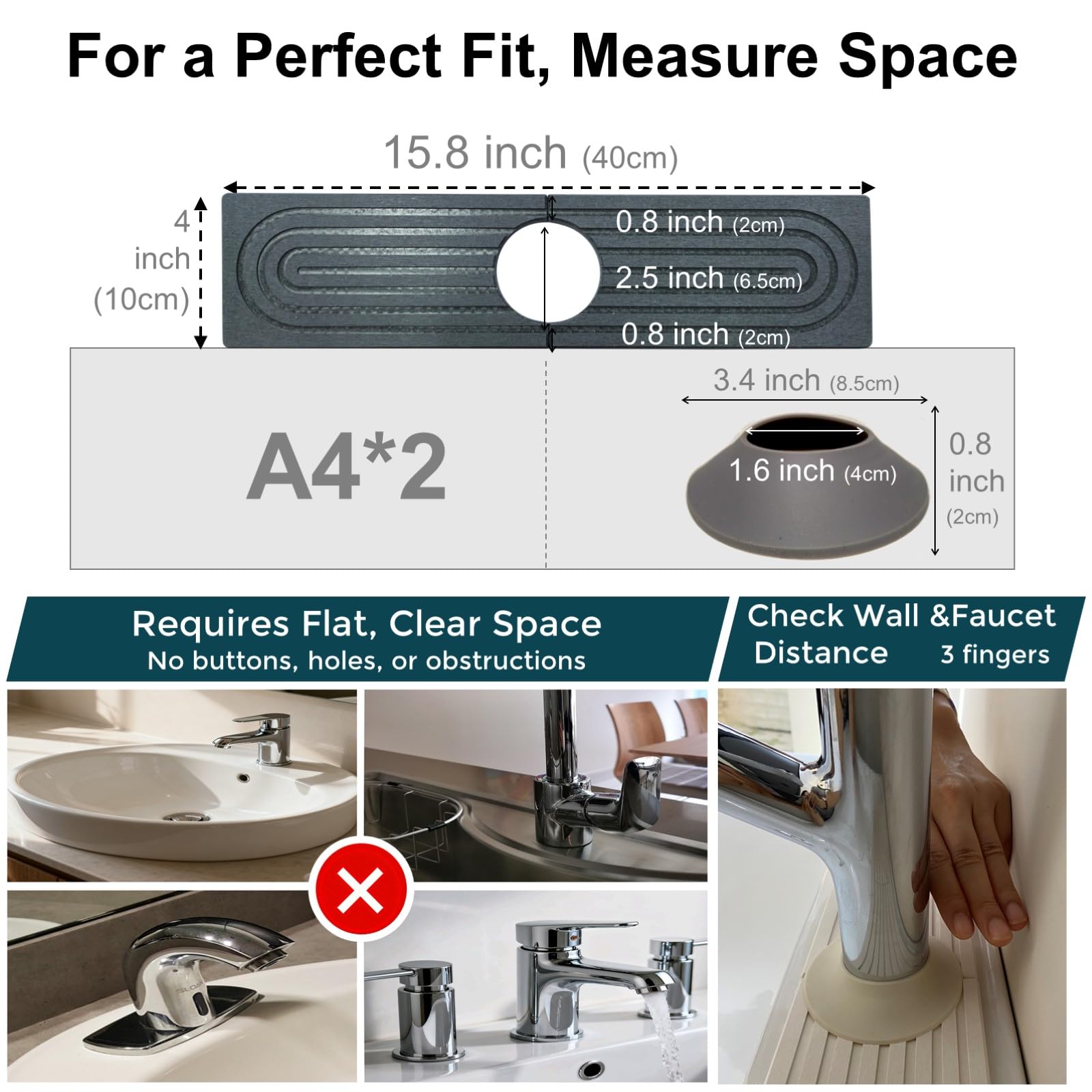 WUZEI Faucet Mat for Kitchen Sink, Diatomaceous Earth Stone Splash Guard Tray, Fast Drying Stone Sink Mat, Prevents Water Splash for Kitchen Bathroom Countertop (Dark Grey, 16x4 inch (40x10 cm))