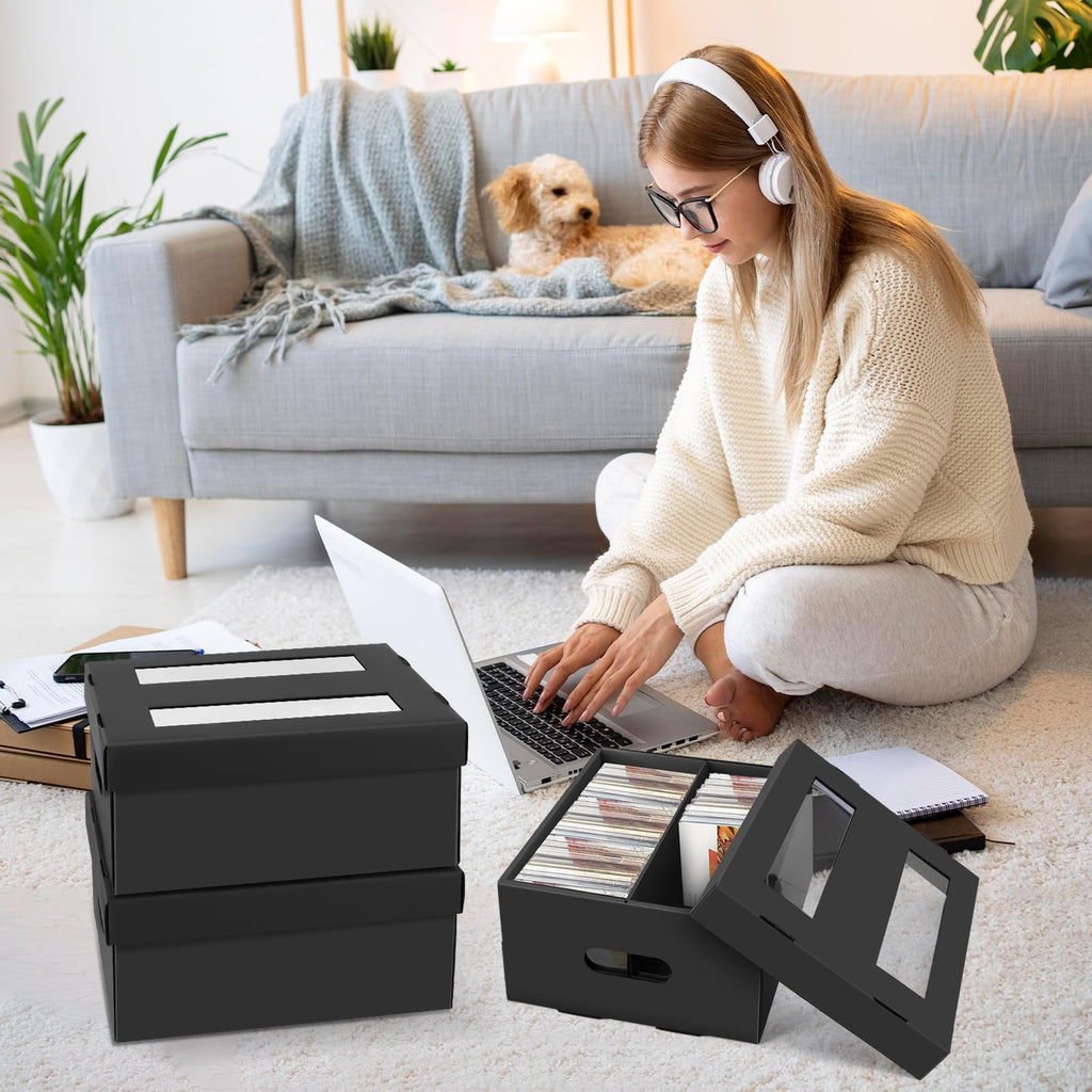 AOPULE CD Storage Boxes, 3 Pack 2 Compartment CD Case Storage, Cardboard DVD Case Holder with PVC Clear Lid, Each Holds 60 CDs in Full Jewel Cases,120 CDs in Slim Cases, 330 Discs in Sleeves