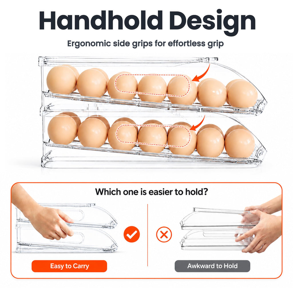 SMRCAD Egg Holder for Fridge, Automatic Stable Rolling Egg Dispenser with Handle & Silicone Pad for Refrigerator, Large Capacity Egg Organizer with Lid