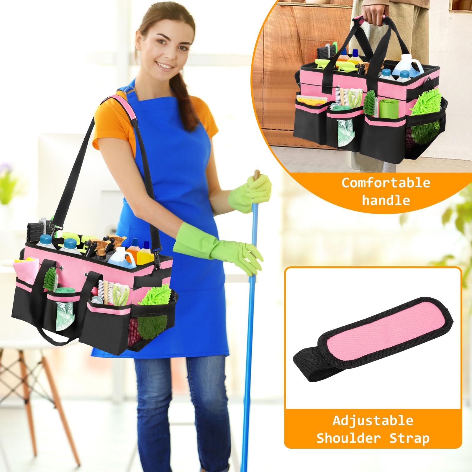 Cleaning Caddy Bag with Handle & Shoulder Straps, Large Cleaning Supplies Organizer Cleaning Tools Bag for Housekeeping and Cleaners Car Storage (Pink)