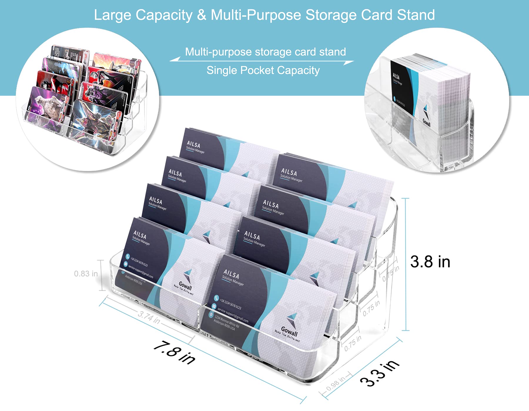 Gowall Business Card Holder, 8 Pocket Acrylic Business Card Holder for Desk Clear Business Card Stand Desktop Business Card Holders Plastic Business Card Display for Exhibition, Home and Office, 2 PCS