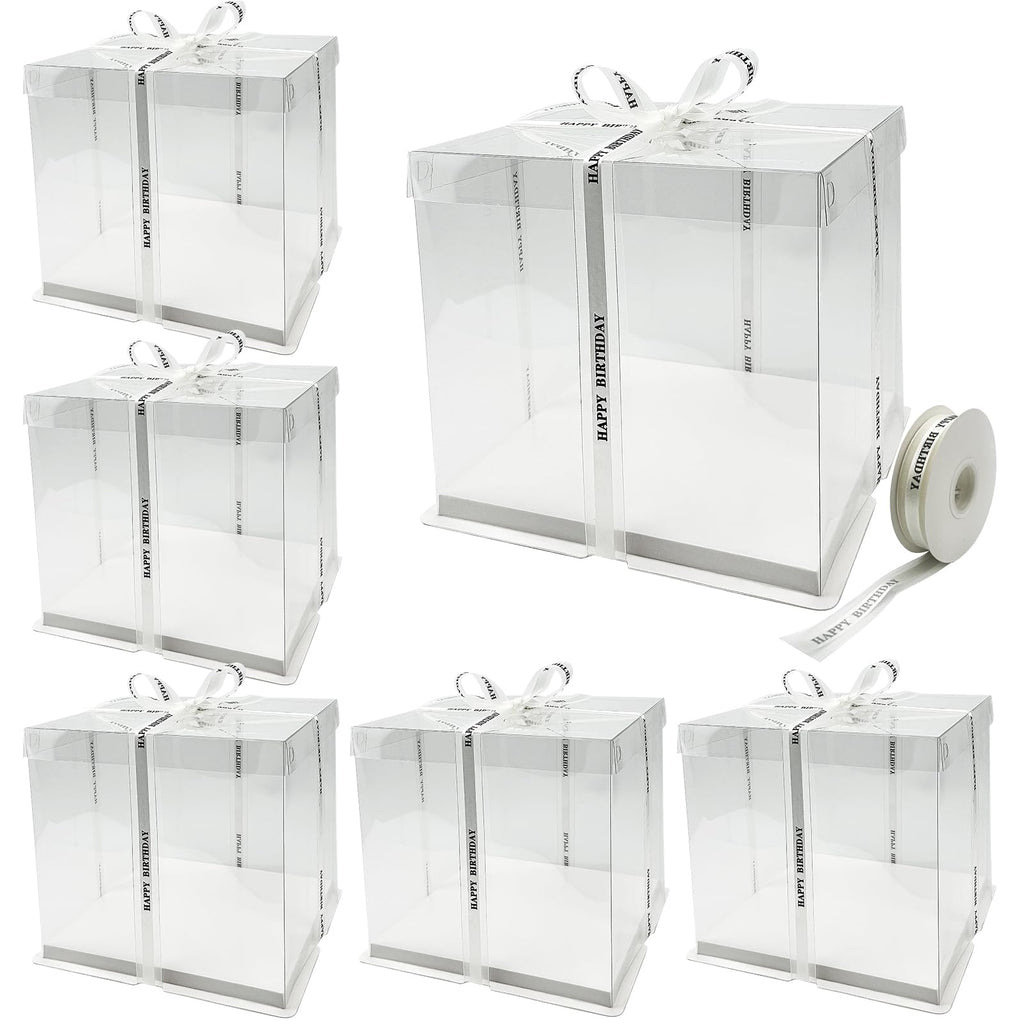 Seuqhck 6 Pack Clear Cake Box with Ribbon, 25.4 cm Tall PET Cake Carrier Boxes 2-Layer Transparent Gift Packaging Box with Lid for Wedding, Birthday, Festival Cakes Display and Transport