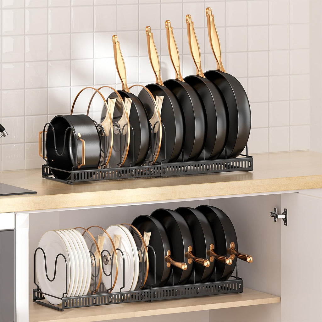 MUDEELA Pots and Pans Organizer Rack for Under Cabinet, Expandable 11.71''-22.85'' Pot Lid Kitchen Cabinet Organizer Holder with 10 Adjustable Compartment Cutting Board Organizer for Pan Lid, Bakeware