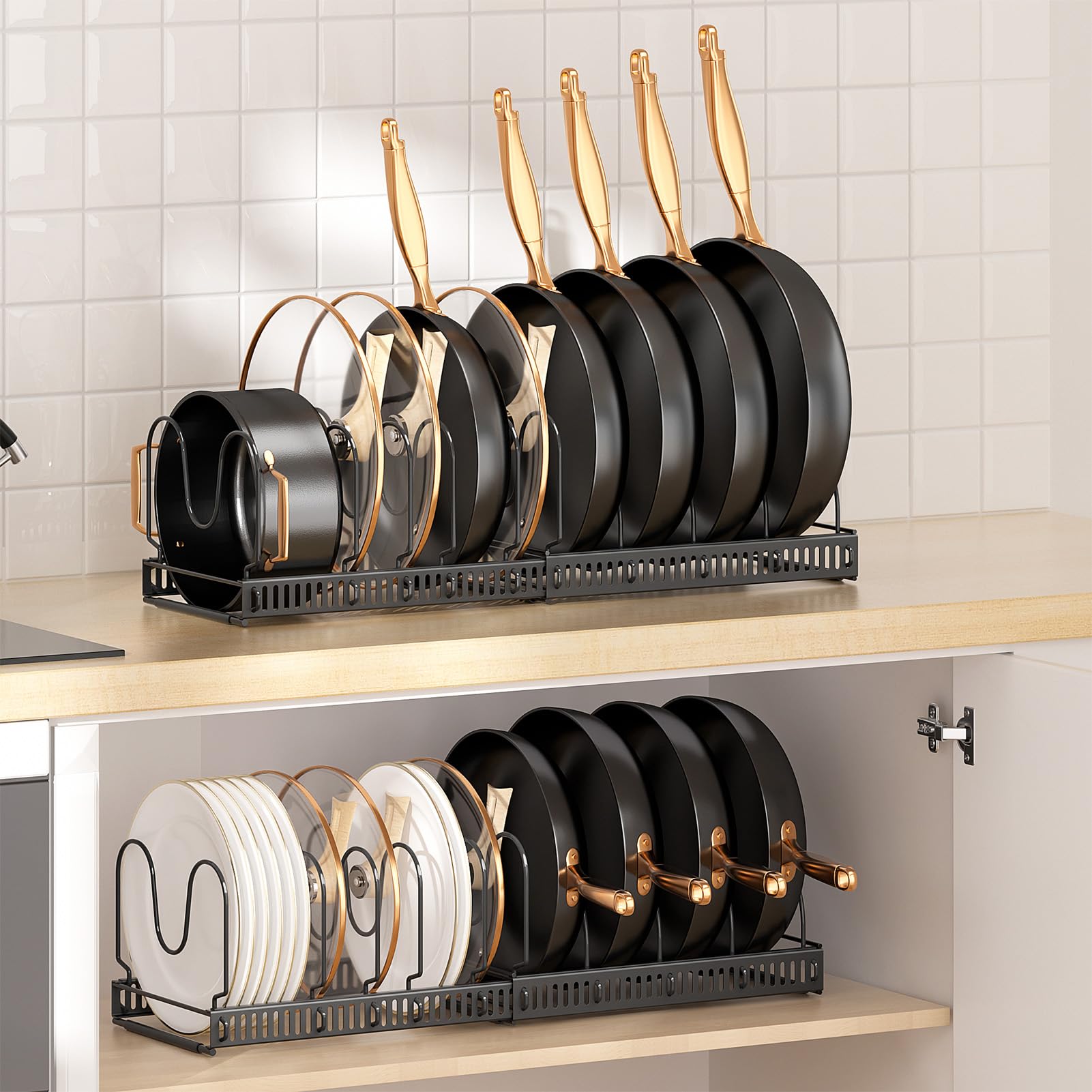 MUDEELA Pots and Pans Organizer Rack for Under Cabinet, Expandable 11.71''-22.85'' Pot Lid Kitchen Cabinet Organizer Holder with 10 Adjustable Compartment Cutting Board Organizer for Pan Lid, Bakeware