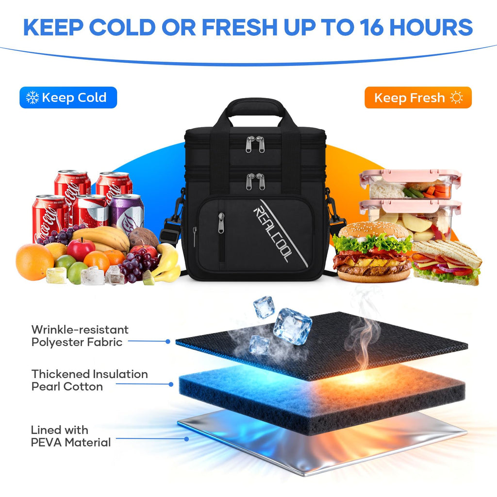 RealCool Lunch Bag, 15L Insulated Lunch Box for Men Women, Double Deck Leakproof Soft Cooler Bag with Adjustable Strap, Reusable Lunchbox for Work, Travel, Camping, Black