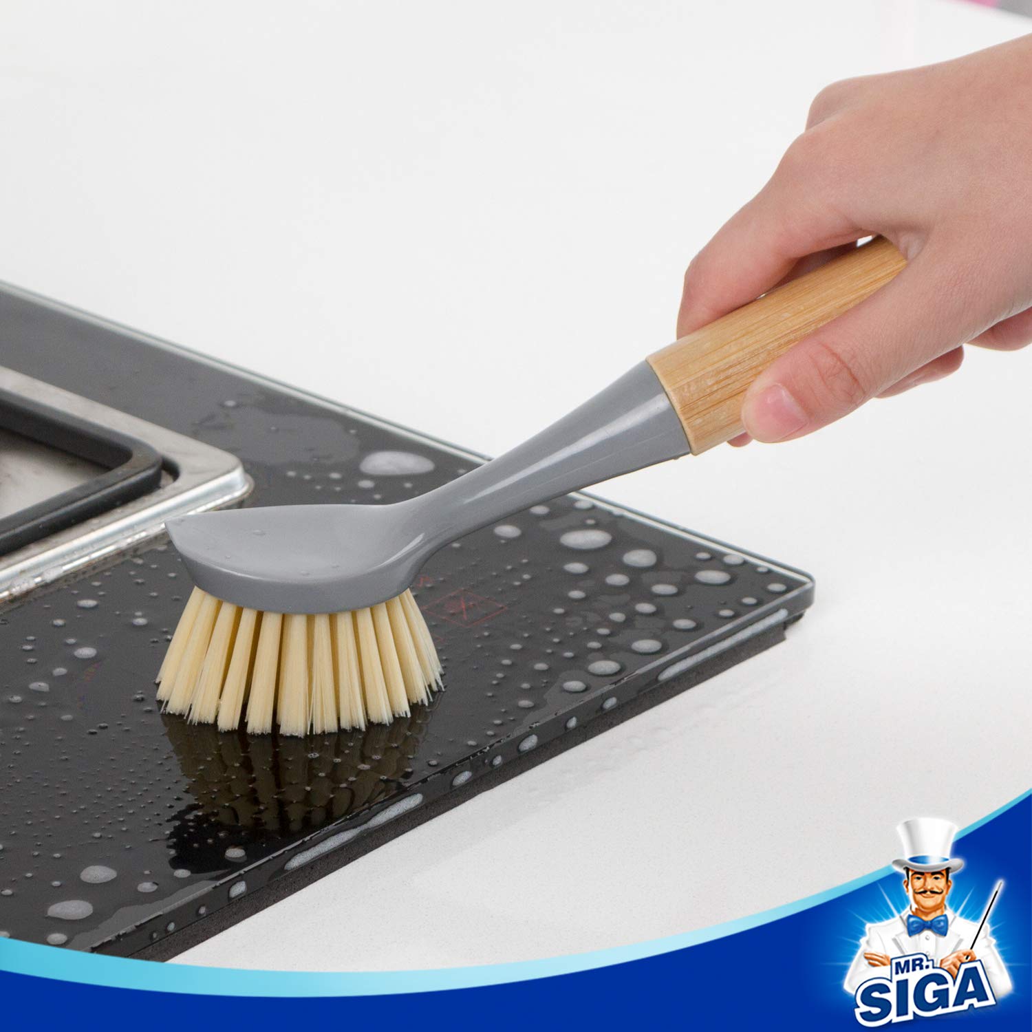 MR.SIGA Dish Brush with Bamboo Handle Built-in Scraper, Scrubbing Brush for Pans, Pots, Kitchen Sink Cleaning, Pack of 2
