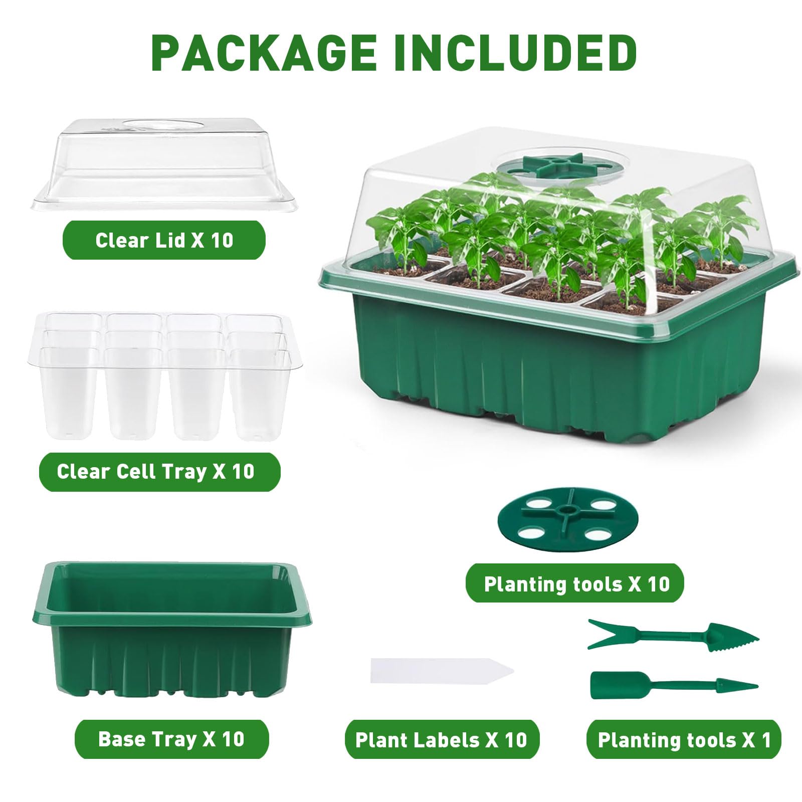 Seed Starter Trays, 10-Pack Plant Germination Trays Greenhouse Grow Kit with Humidity Vented Domes and Base for Seeds' Starting (Total 120 Cells)
