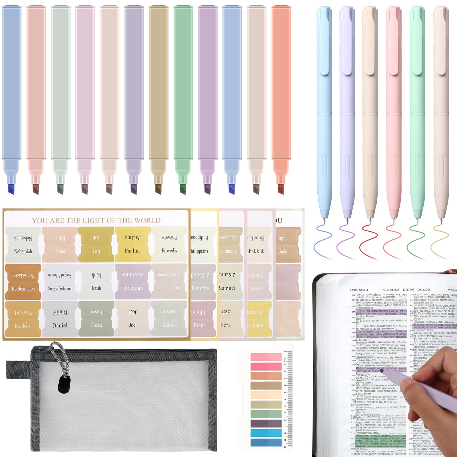 34 Pcs Bible Journaling Kit Bible Study Supplies with 75 Bible Tabs 12 Pastel No Bleed Highlighters 6 Gel Pens Transparent Sticky Notes Pencil Case Bible Study Accessories Kit for Journaling Supplies