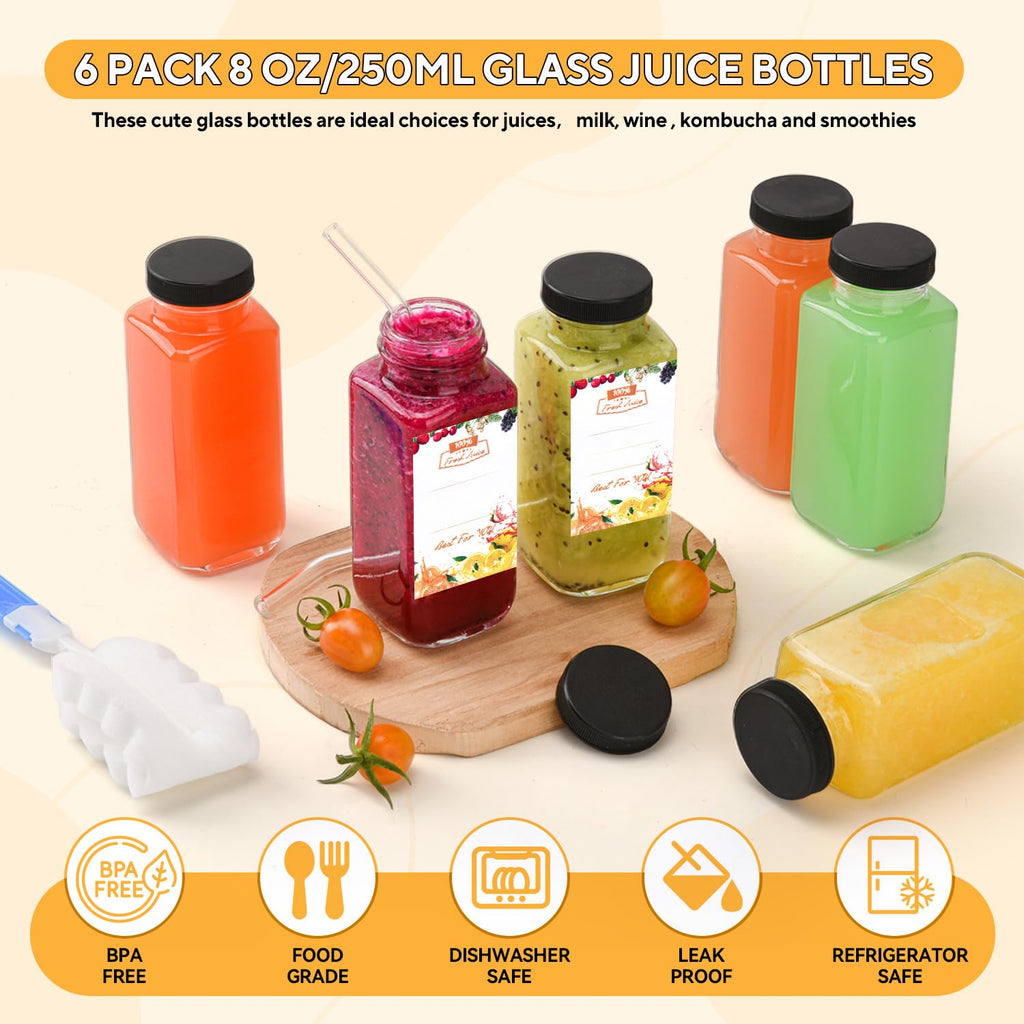 6 Pack 8 oz 250ml Glass Juice Bottles with Lids, Reusable Glass Containers Drinking Glass Jars Small Glass Bottles for Smoothie, Juicer Shots, Milk, Water, Kombucha, School, Outdoor