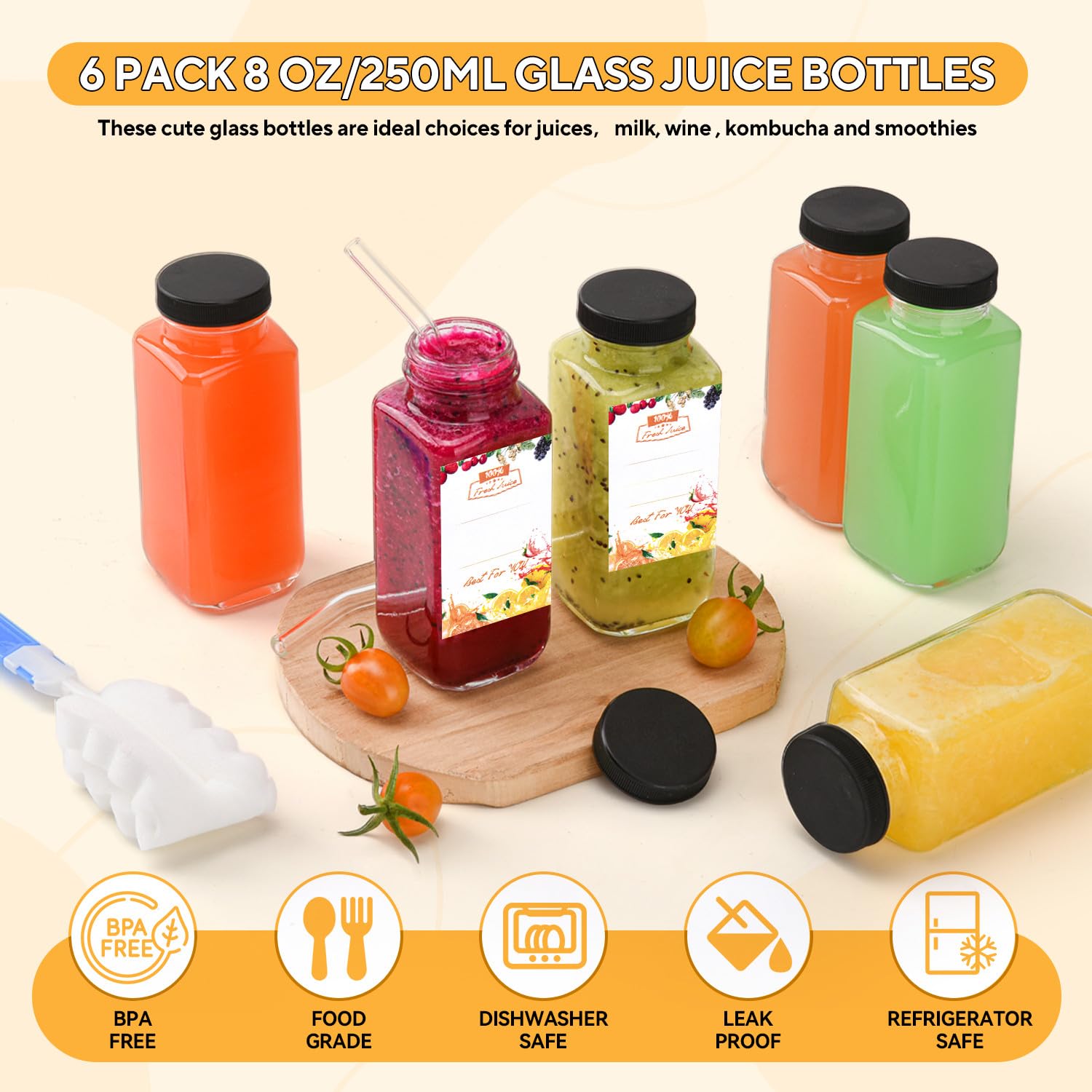 6 Pack 8 oz 250ml Glass Juice Bottles with Lids, Reusable Glass Containers Drinking Glass Jars Small Glass Bottles for Smoothie, Juicer Shots, Milk, Water, Kombucha, School, Outdoor