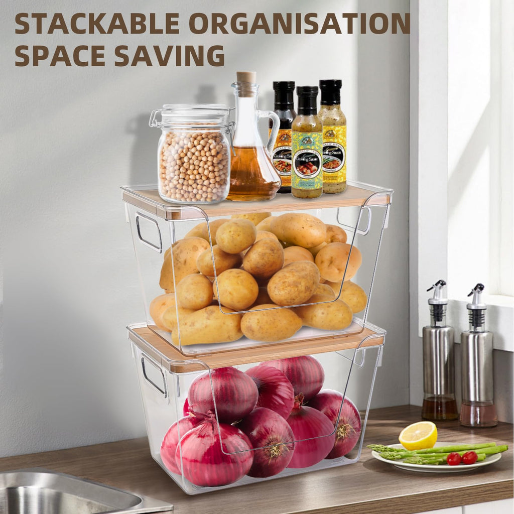 2 Set Pantry Organizers and Storage - Stackable Pantry Storage Bin Containers for Potato, Onion, Garlic, Fruit, Vegetable, Produce - Clear Front Open Kitchen Under Sink Organizer with Lid