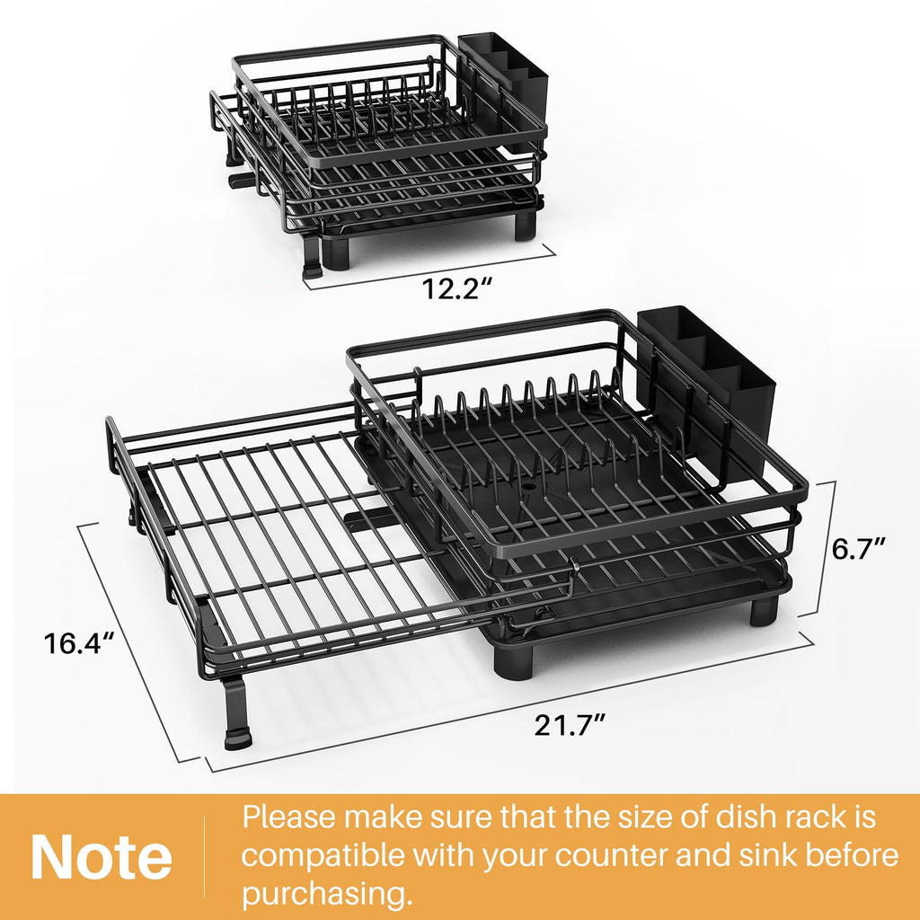 Dish Drying Rack - Extendable Dish Rack, Large Sink Drying Dish Drainer for Kitchen Counter, Stainless Steel Dish Strainer with Utensil Holder (Black)