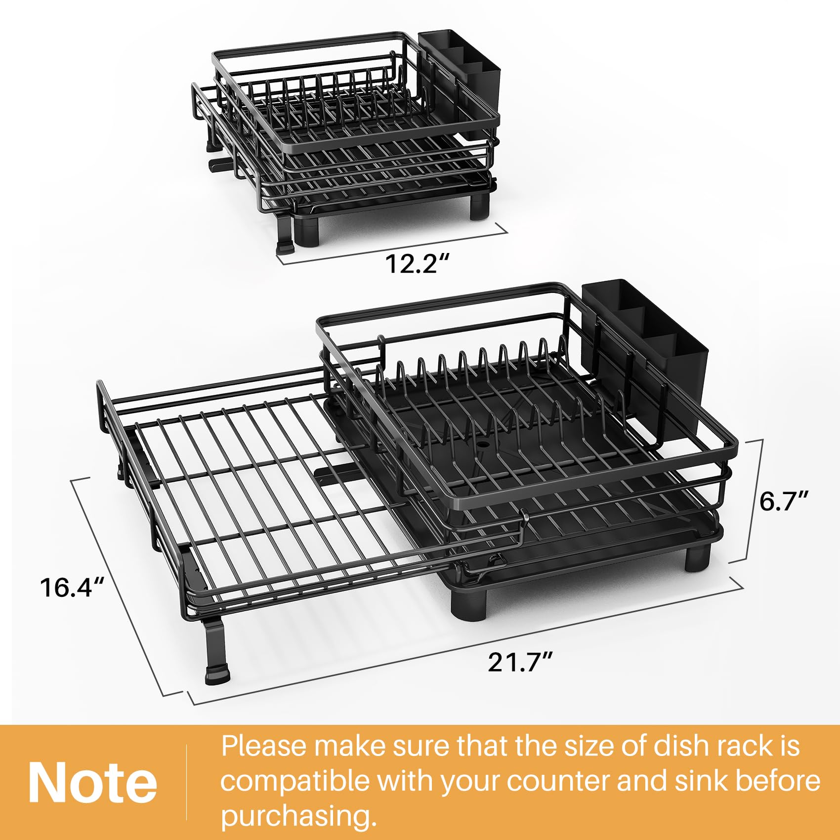 Dish Drying Rack - Extendable Dish Rack, Large Sink Drying Dish Drainer for Kitchen Counter, Stainless Steel Dish Strainer with Utensil Holder (Black)