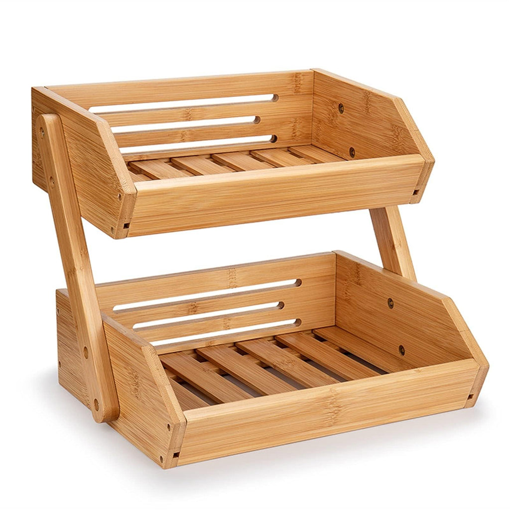 Bamboo Fruit Basket, 2-Tier Storage Stand Holder for Kitchen Countertop, Large Capacity Organizer for Fruits and Vegetables, Natural