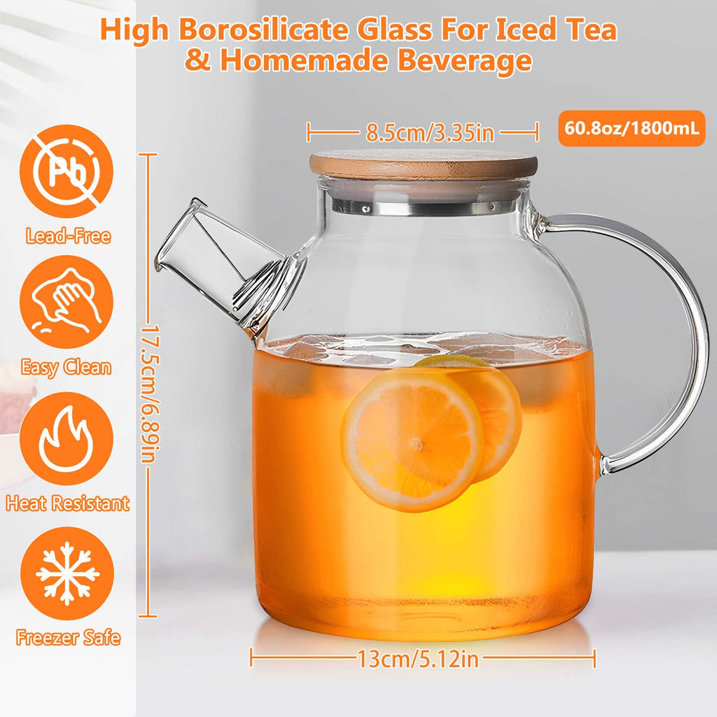 SITIEPA Glass Teapot Stovetop Safe, Glass Tea Kettle 60.8oz/1800mL Borosilicate Clear Teapot with Bamboo Lid and Removable Filter Spout Tea Pot for Loose Leaf and Blooming Tea