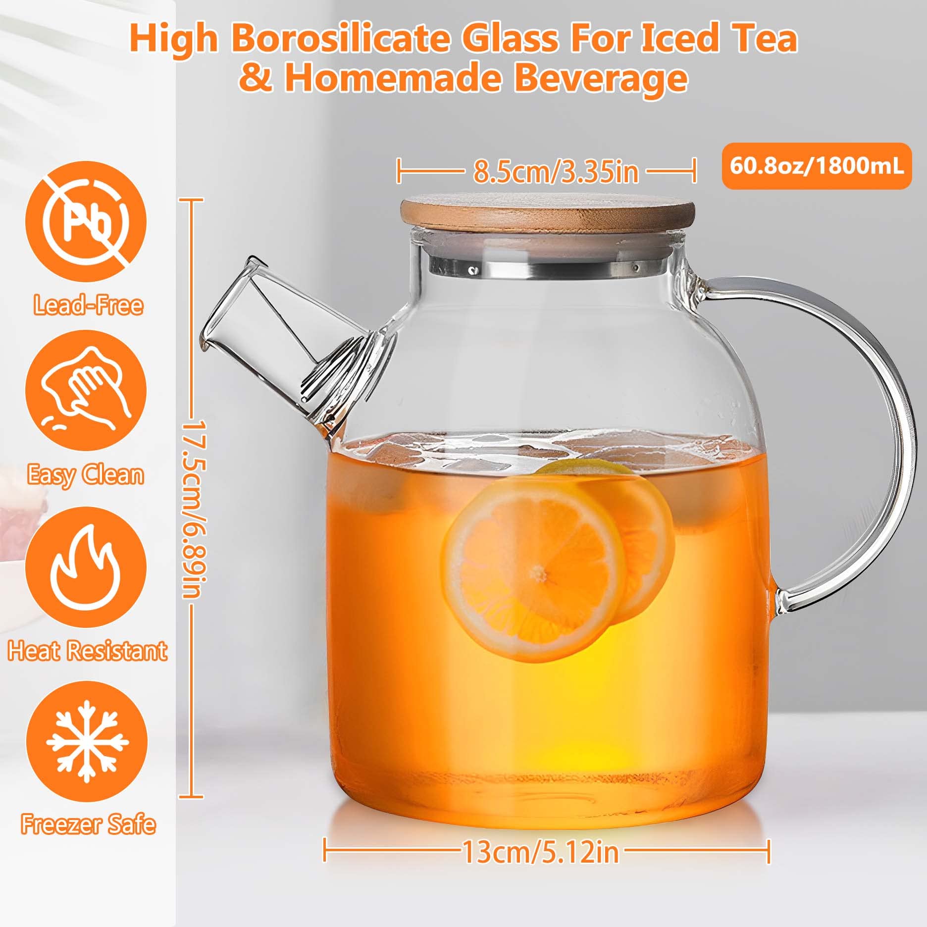 SITIEPA Glass Teapot Stovetop Safe, Glass Tea Kettle 60.8oz/1800mL Borosilicate Clear Teapot with Bamboo Lid and Removable Filter Spout Tea Pot for Loose Leaf and Blooming Tea