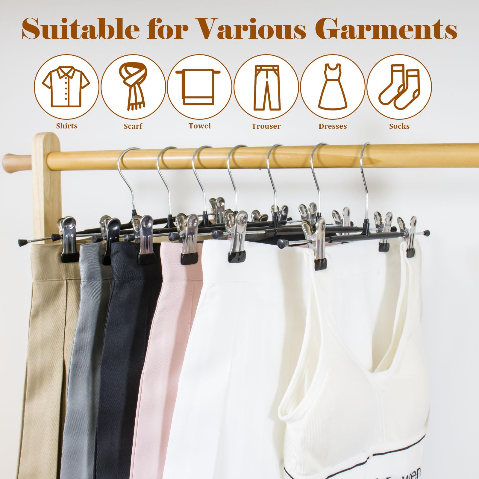 SOULNAMAN Pants Hangers with Clips, 20 Pack Pants Hangers, Adjustable Clothes Hangers, Space Saving Skirt Hanger,360° Swivel Hook Non-Slip for Pants,Skirts,Socks, Adjustable Skirt Hangers for Women