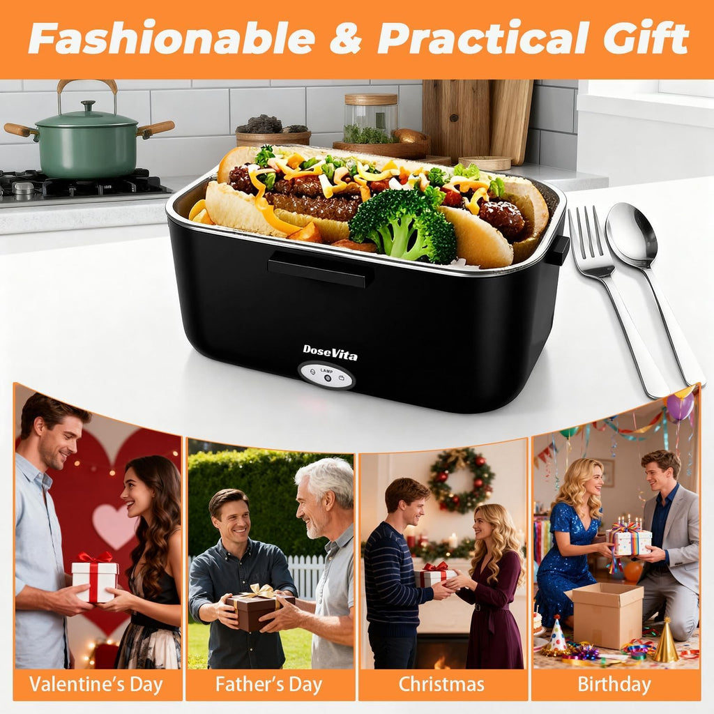 Dosevita Electric Lunch Box for Adults, 80W Heated Lunch Box 1.5L 304 Stainless Steel Portable Food Warmer,12/24/110V Lonchera Eléctrica Portátil for Car, Truck, Work, Travel (Black1)
