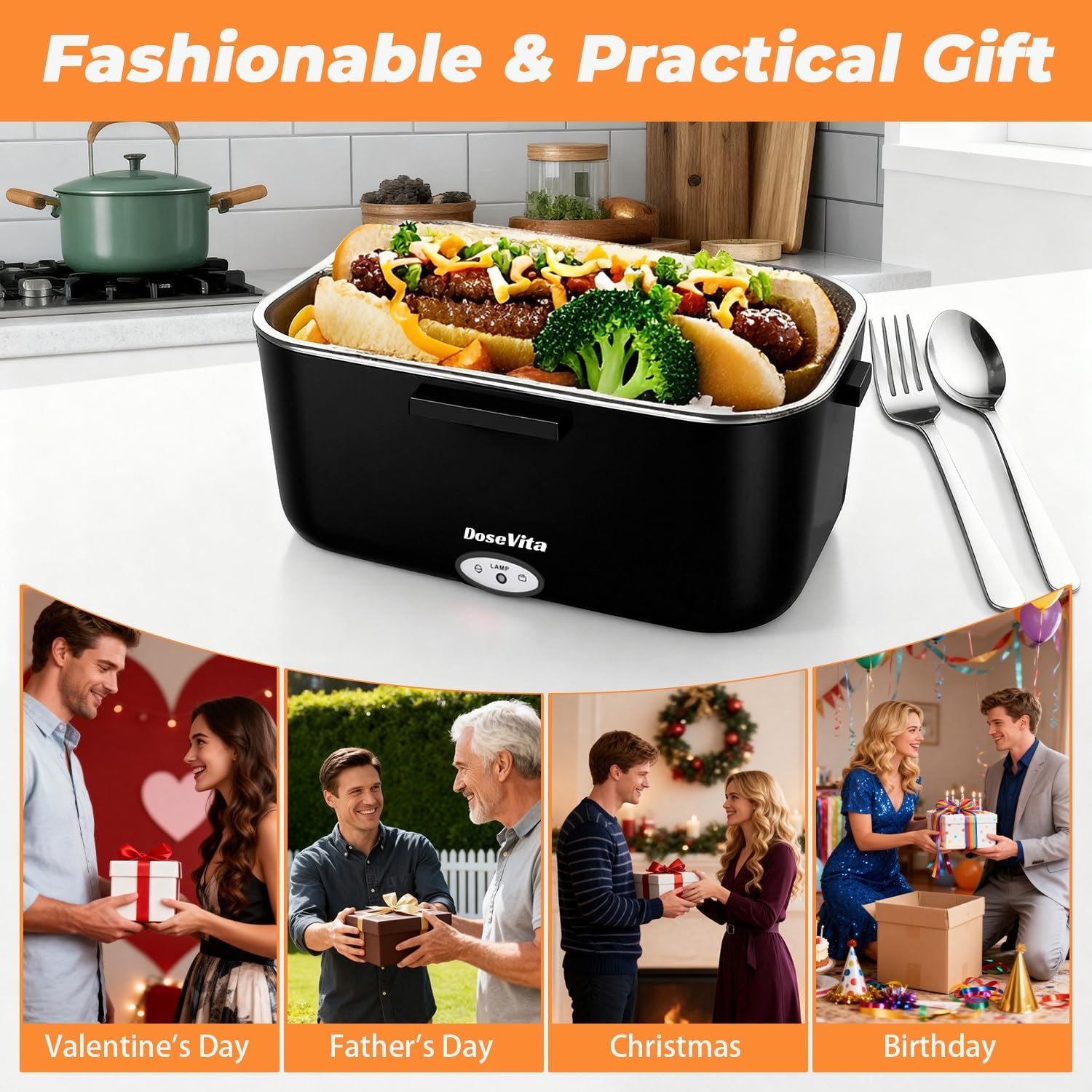 Dosevita Electric Lunch Box for Adults, 80W Heated Lunch Box 1.5L 304 Stainless Steel Portable Food Warmer,12/24/110V Lonchera Eléctrica Portátil for Car, Truck, Work, Travel (Black1)